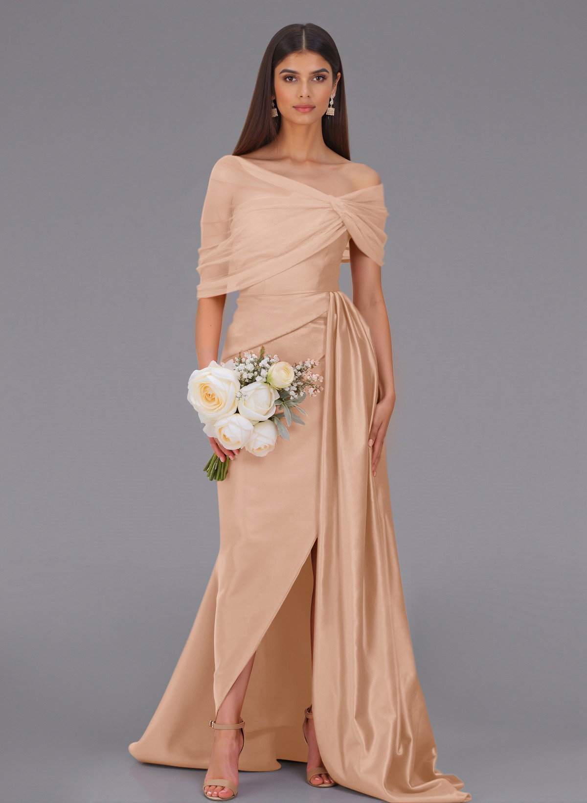 Elegant Tulle Asymmetrical Neckline Satin Bridesmaid Dresses With Split Front/Sweeping Side Drape, product image 11