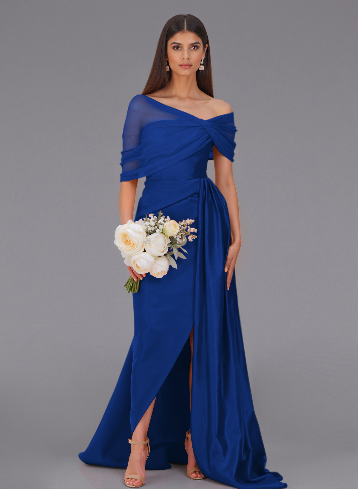 Elegant Tulle Asymmetrical Neckline Satin Bridesmaid Dresses With Split Front/Sweeping Side Drape, product image 123