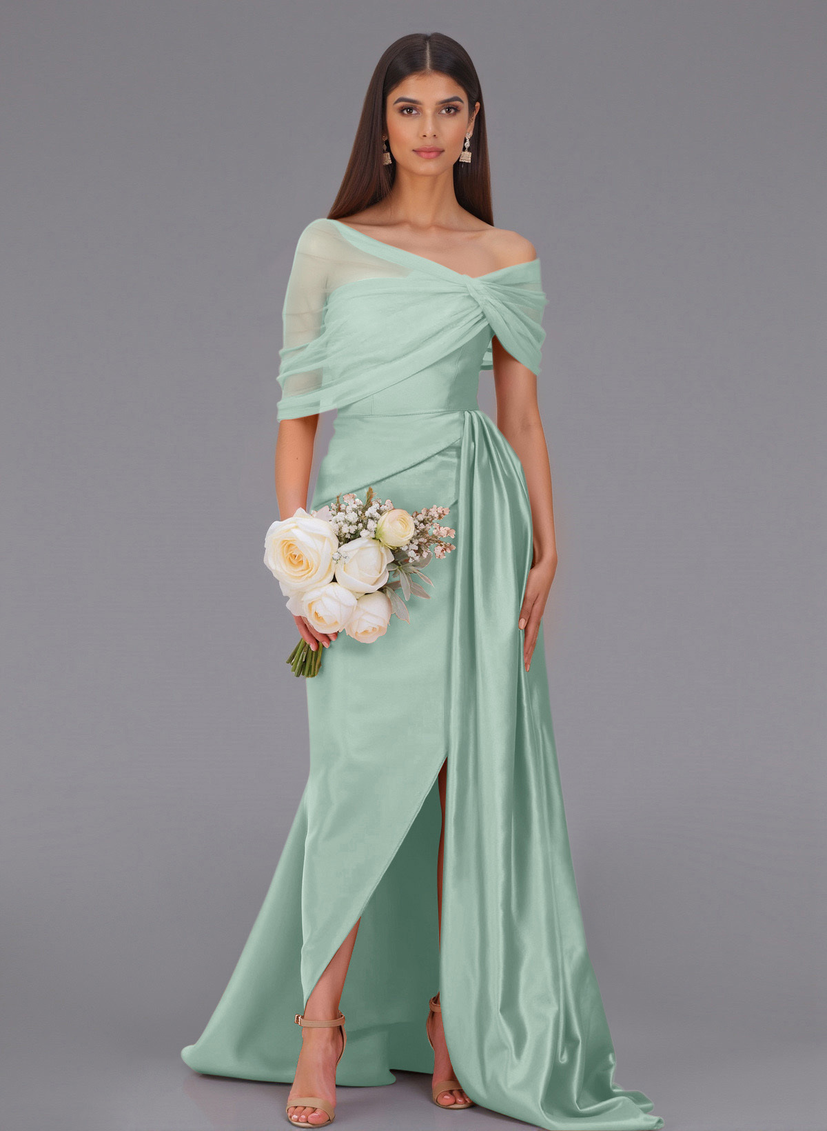 Elegant Tulle Asymmetrical Neckline Satin Bridesmaid Dresses With Split Front/Sweeping Side Drape, product image 51