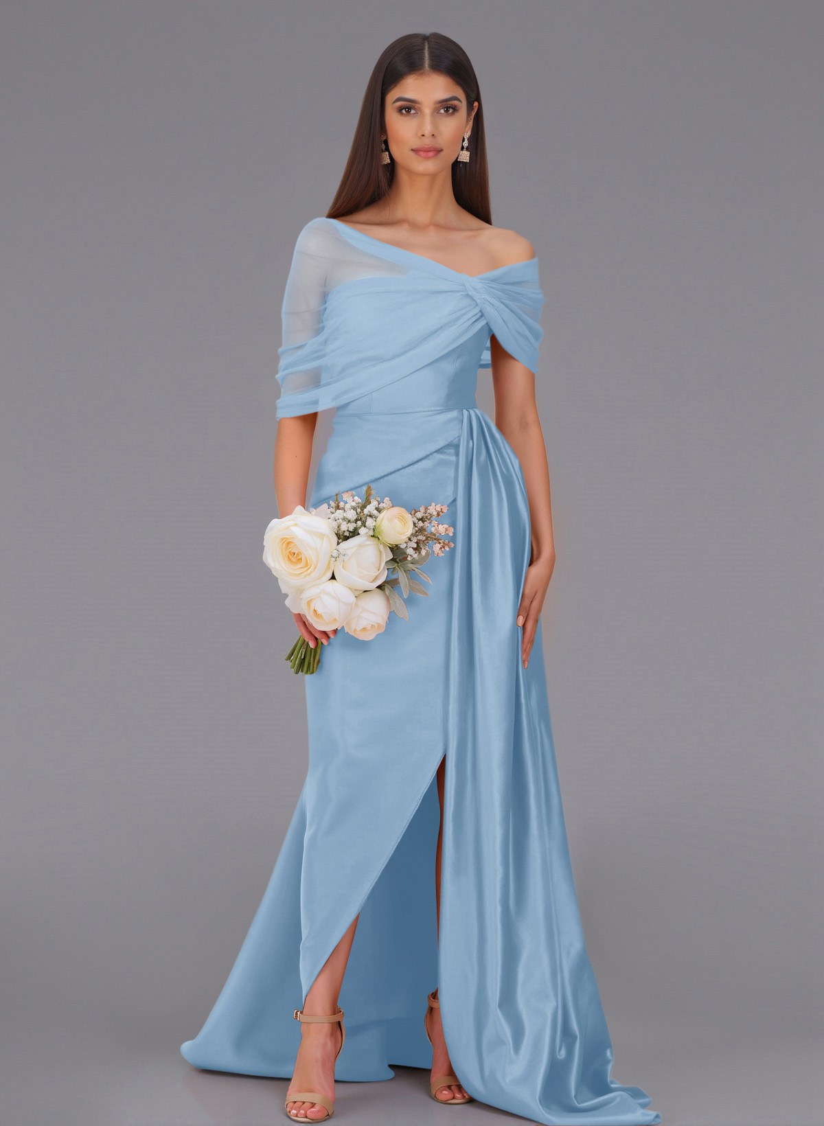 Elegant Tulle Asymmetrical Neckline Satin Bridesmaid Dresses With Split Front/Sweeping Side Drape, product image 115