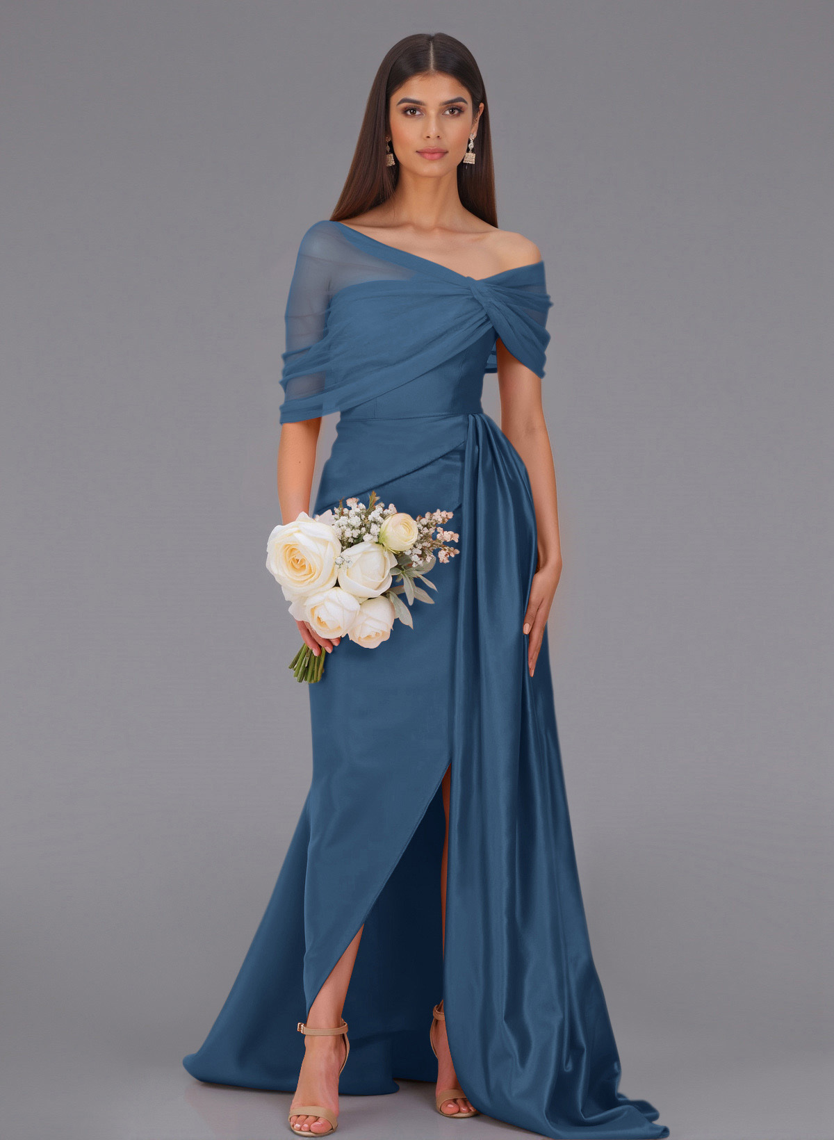 Elegant Tulle Asymmetrical Neckline Satin Bridesmaid Dresses With Split Front/Sweeping Side Drape, product image 129