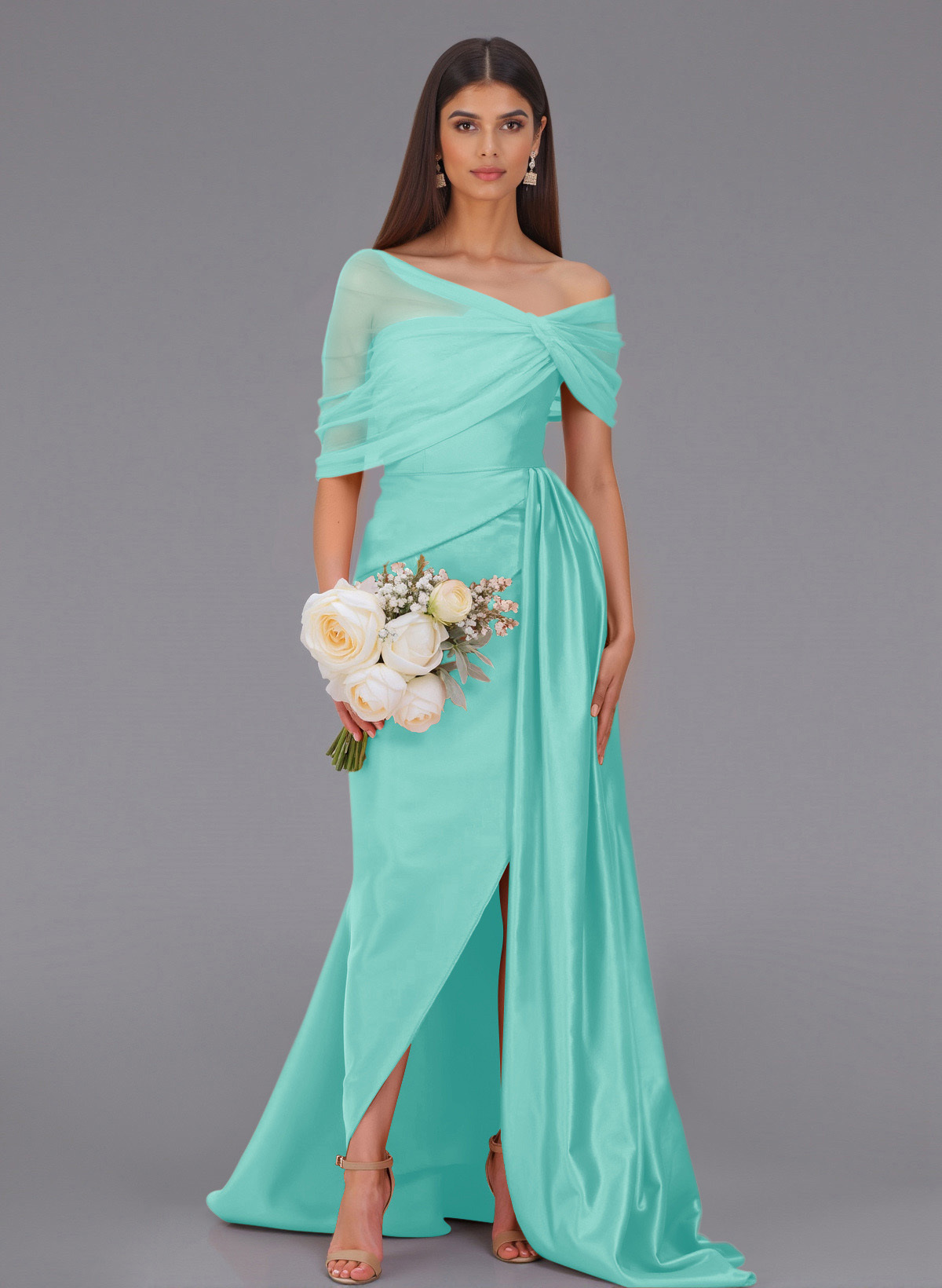 Elegant Tulle Asymmetrical Neckline Satin Bridesmaid Dresses With Split Front/Sweeping Side Drape, product image 47
