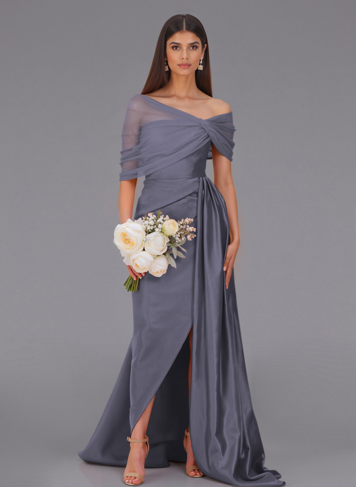 Elegant Tulle Asymmetrical Neckline Satin Bridesmaid Dresses With Split Front/Sweeping Side Drape, product image 127