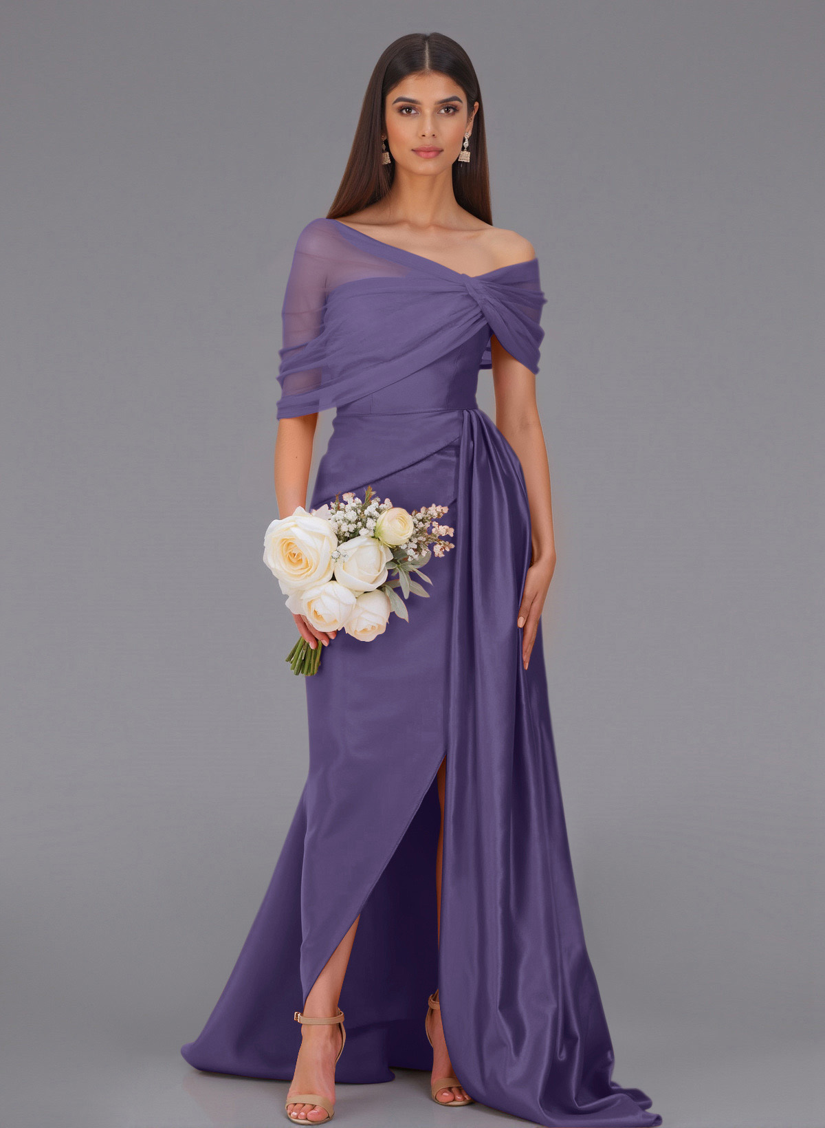 Elegant Tulle Asymmetrical Neckline Satin Bridesmaid Dresses With Split Front/Sweeping Side Drape, product image 71