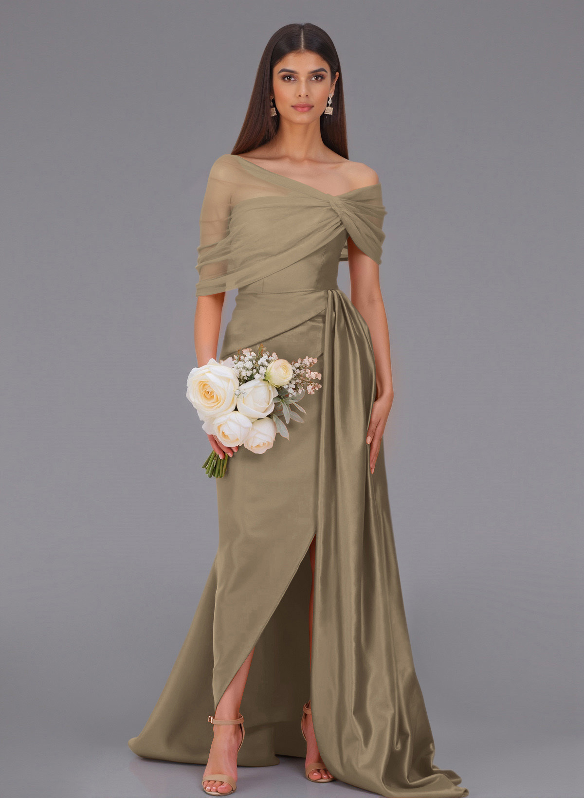 Elegant Tulle Asymmetrical Neckline Satin Bridesmaid Dresses With Split Front/Sweeping Side Drape, product image 43