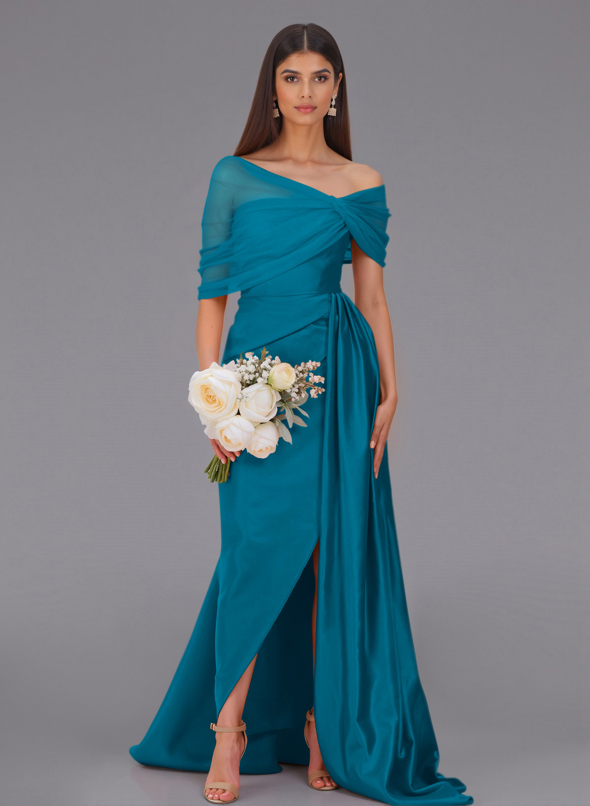 Elegant Tulle Asymmetrical Neckline Satin Bridesmaid Dresses With Split Front/Sweeping Side Drape, product image 3