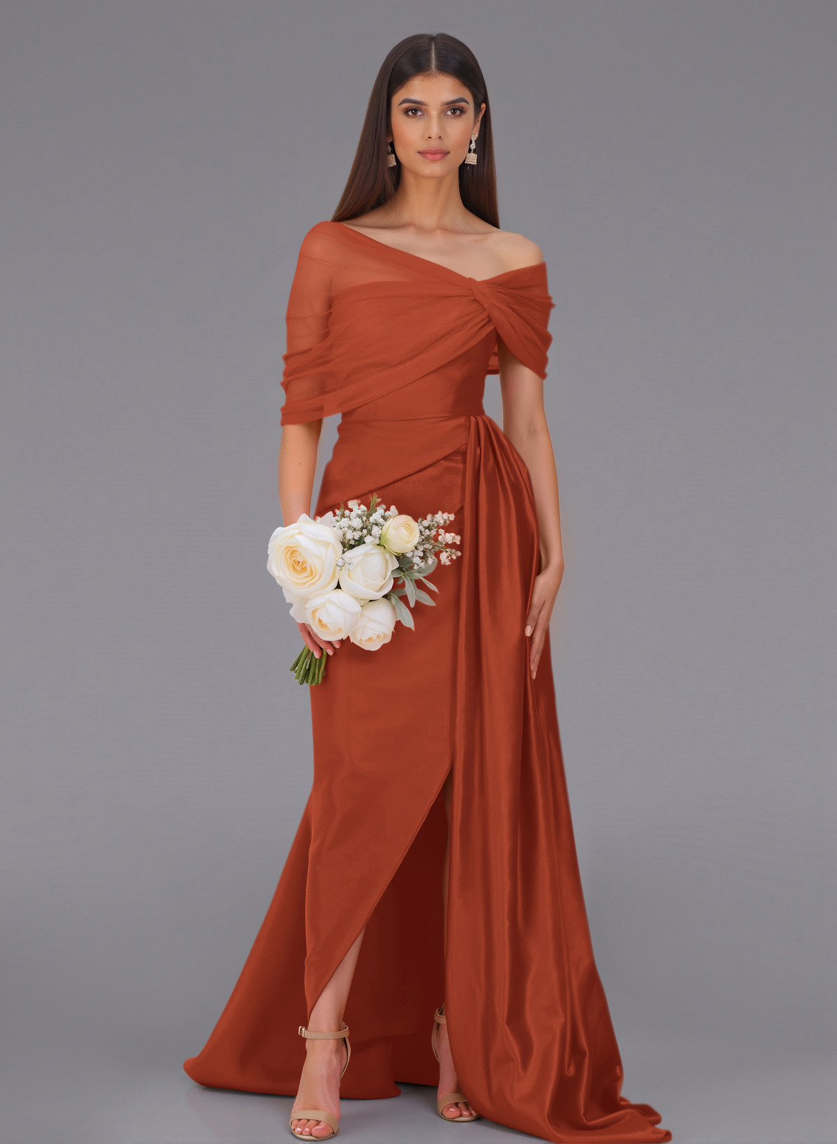 Elegant Tulle Asymmetrical Neckline Satin Bridesmaid Dresses With Split Front/Sweeping Side Drape, product image 5