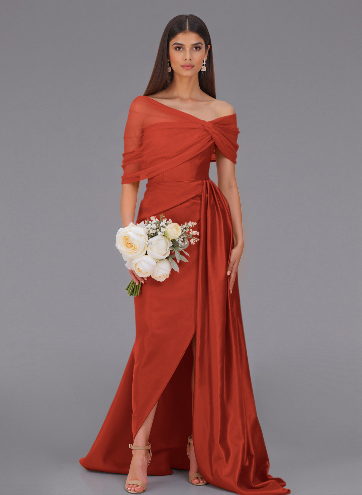 Elegant Tulle Asymmetrical Neckline Satin Bridesmaid Dresses With Split Front/Sweeping Side Drape, product image 101