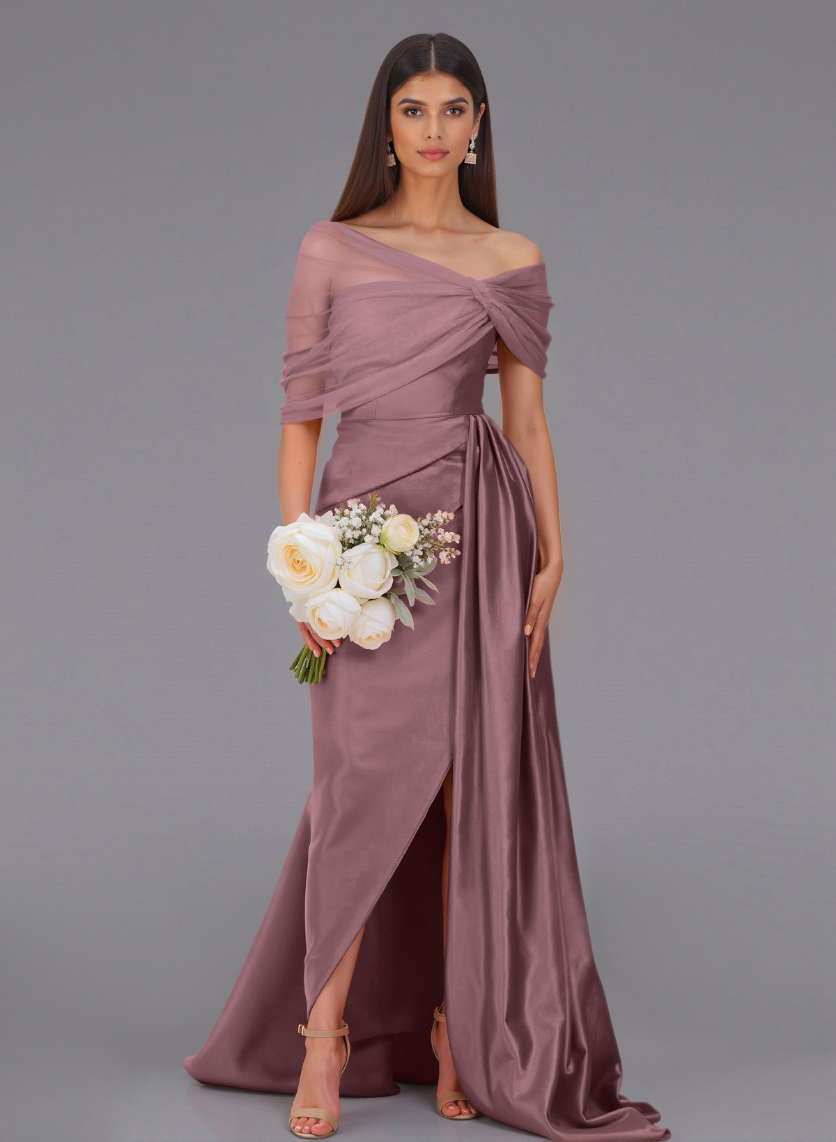 Elegant Tulle Asymmetrical Neckline Satin Bridesmaid Dresses With Split Front/Sweeping Side Drape, product image 79