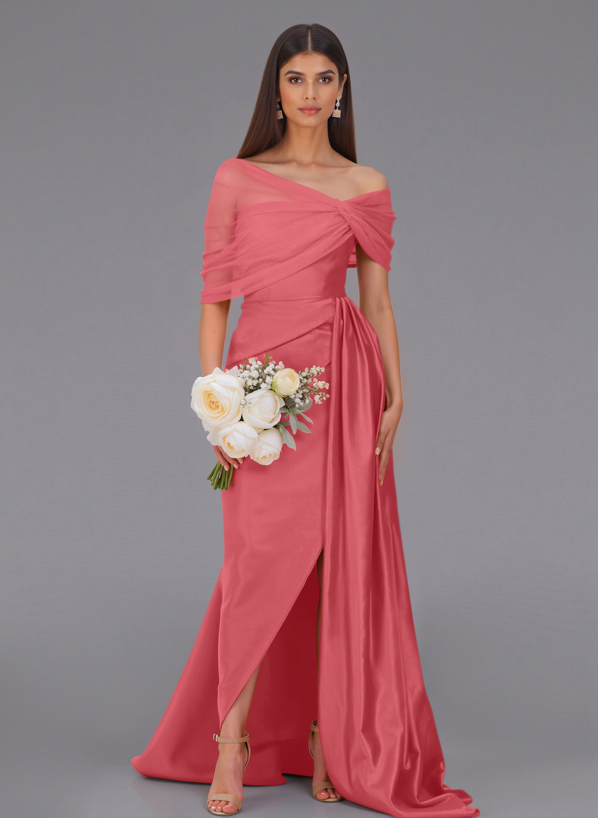 Elegant Tulle Asymmetrical Neckline Satin Bridesmaid Dresses With Split Front/Sweeping Side Drape, product image 99