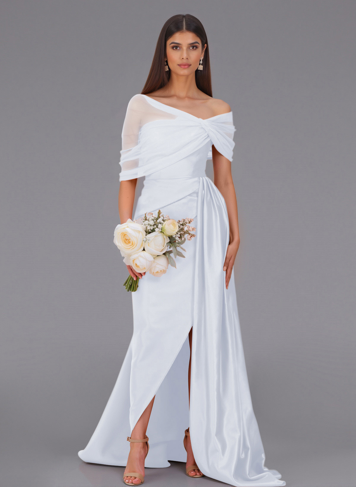 Elegant Tulle Asymmetrical Neckline Satin Bridesmaid Dresses With Split Front/Sweeping Side Drape, product image 29