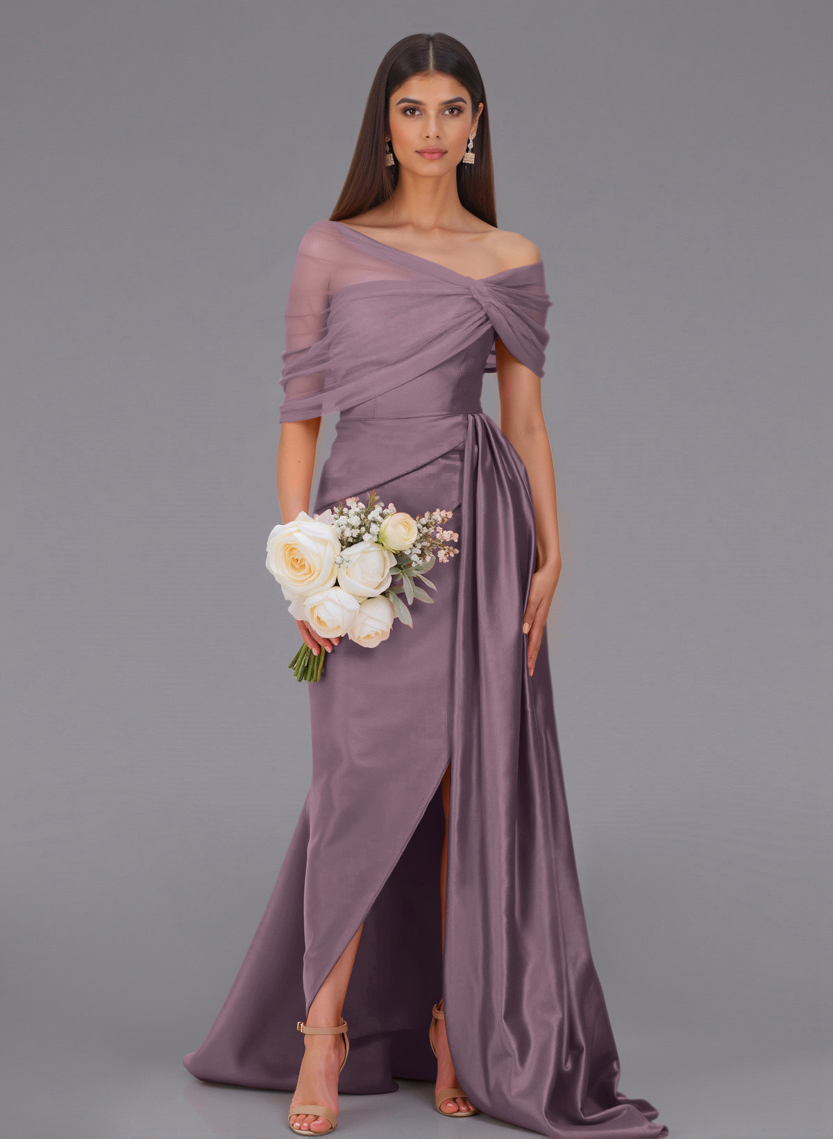 Elegant Tulle Asymmetrical Neckline Satin Bridesmaid Dresses With Split Front/Sweeping Side Drape, product image 81
