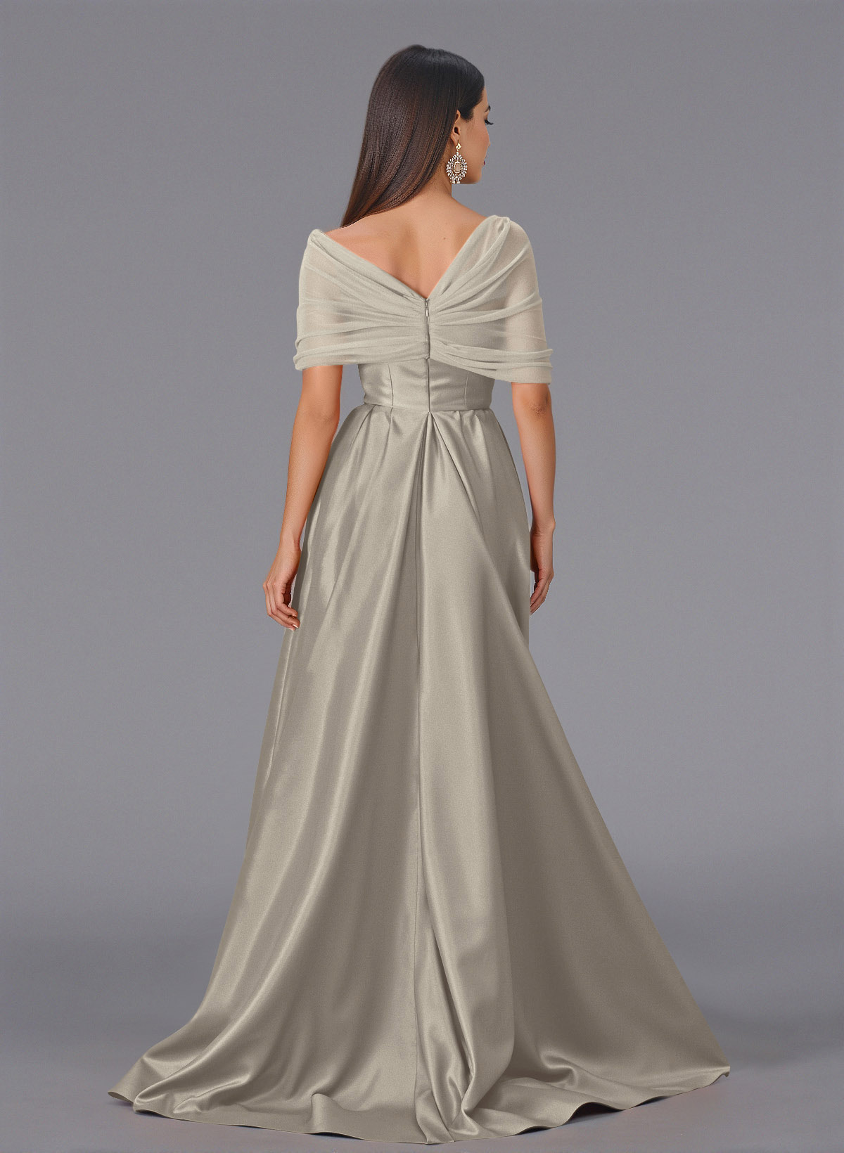 Elegant Tulle Asymmetrical Neckline Satin Bridesmaid Dresses With Split Front/Sweeping Side Drape, product image 16