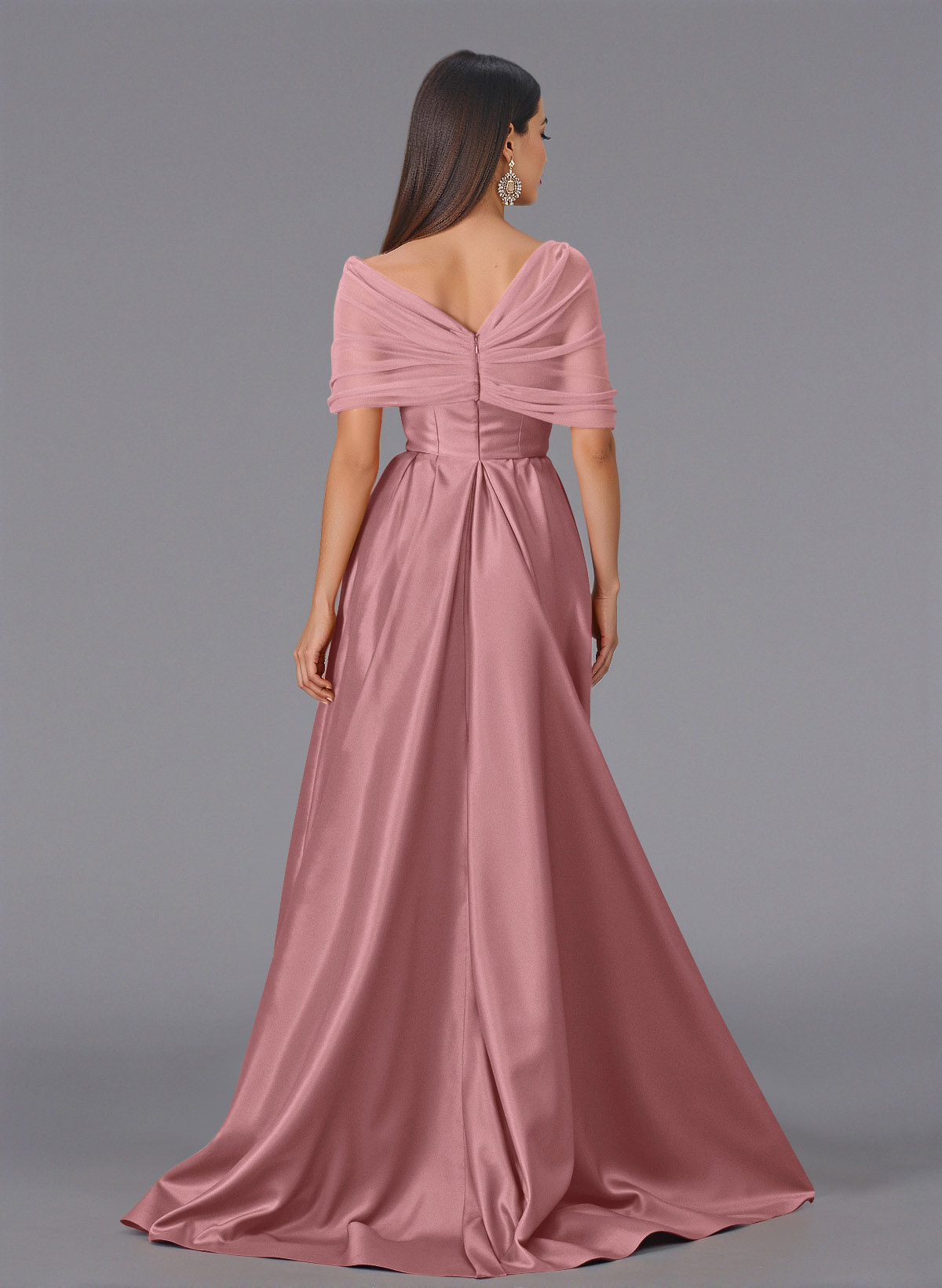 Elegant Tulle Asymmetrical Neckline Satin Bridesmaid Dresses With Split Front/Sweeping Side Drape, product image 94