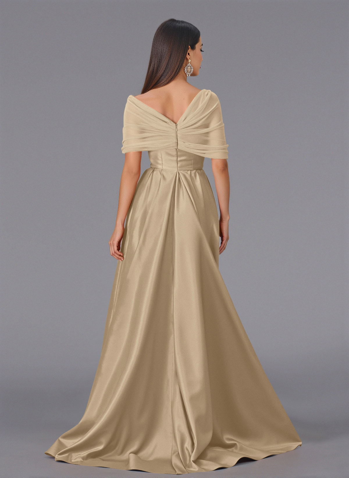 Elegant Tulle Asymmetrical Neckline Satin Bridesmaid Dresses With Split Front/Sweeping Side Drape, product image 46