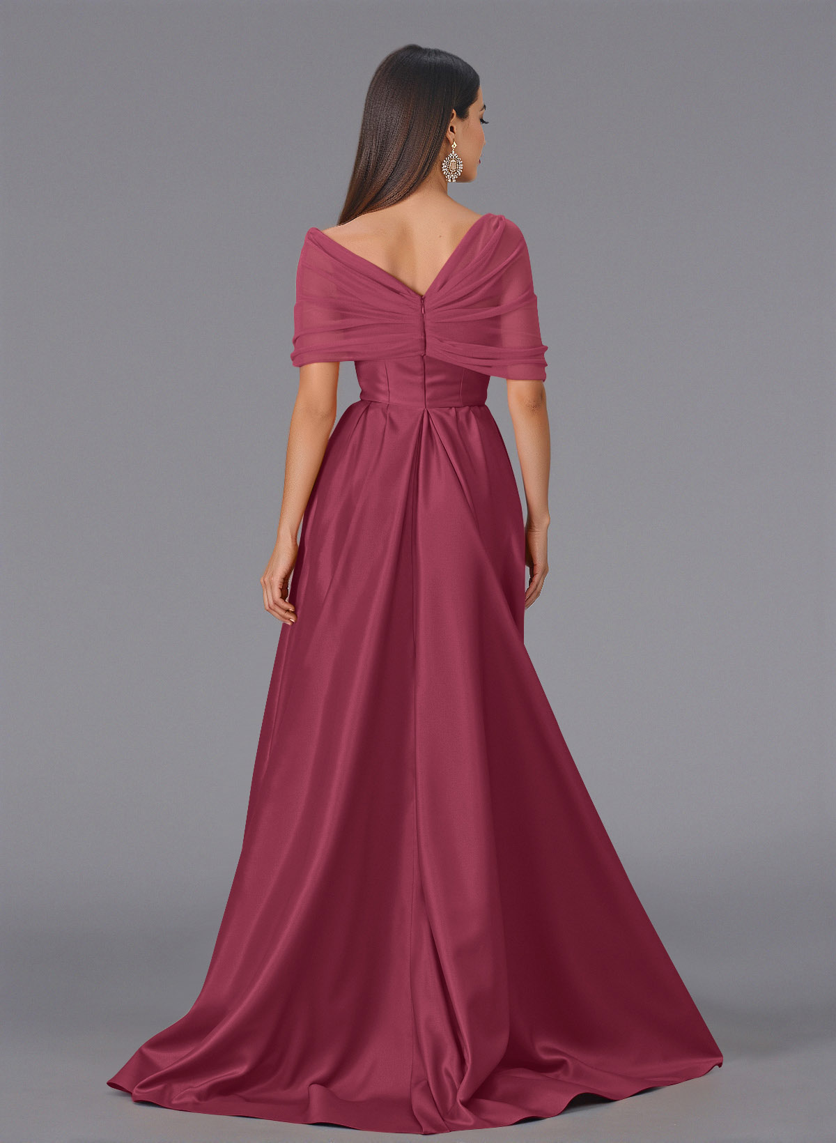 Elegant Tulle Asymmetrical Neckline Satin Bridesmaid Dresses With Split Front/Sweeping Side Drape, product image 108