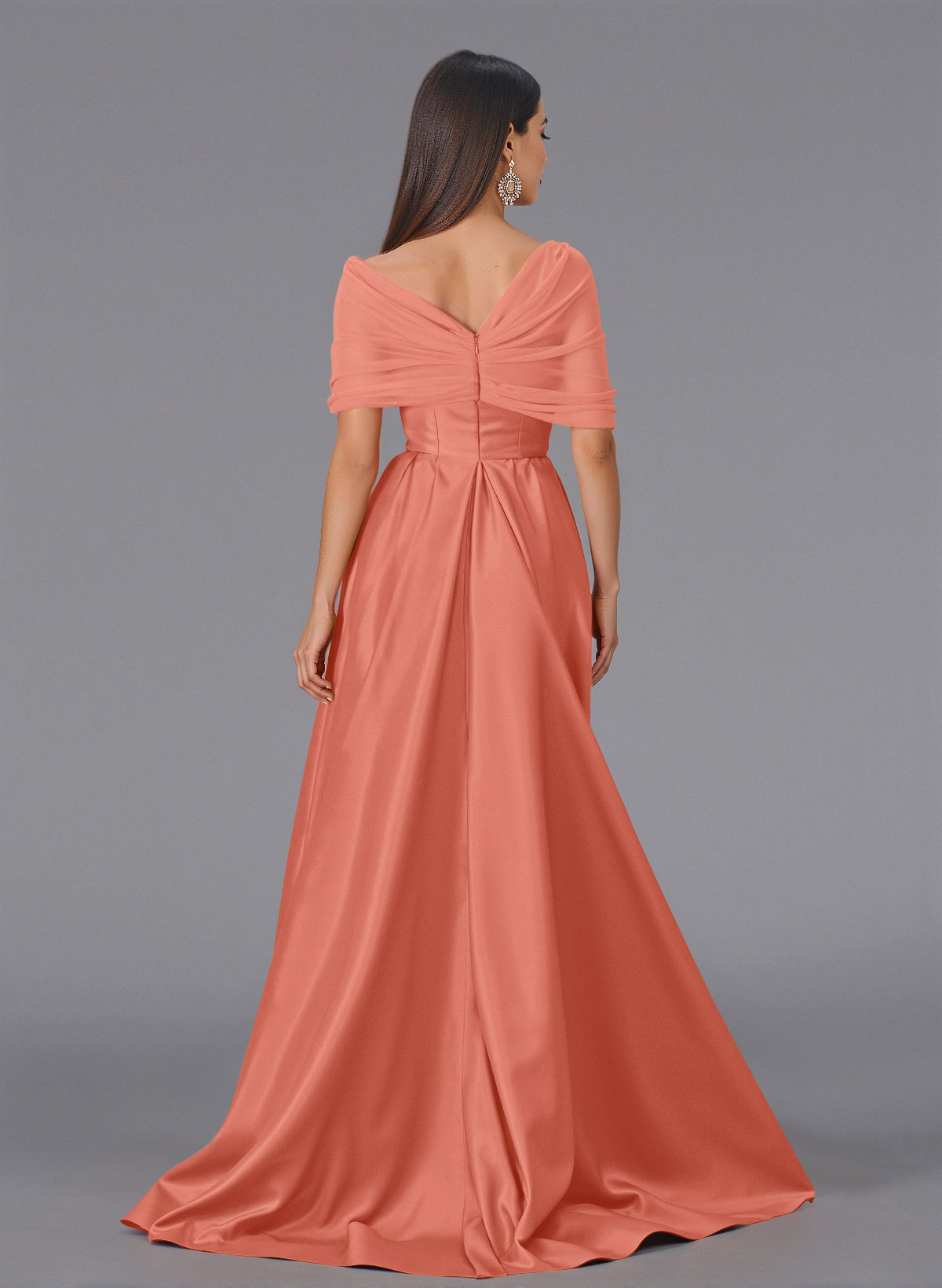 Elegant Tulle Asymmetrical Neckline Satin Bridesmaid Dresses With Split Front/Sweeping Side Drape, product image 90