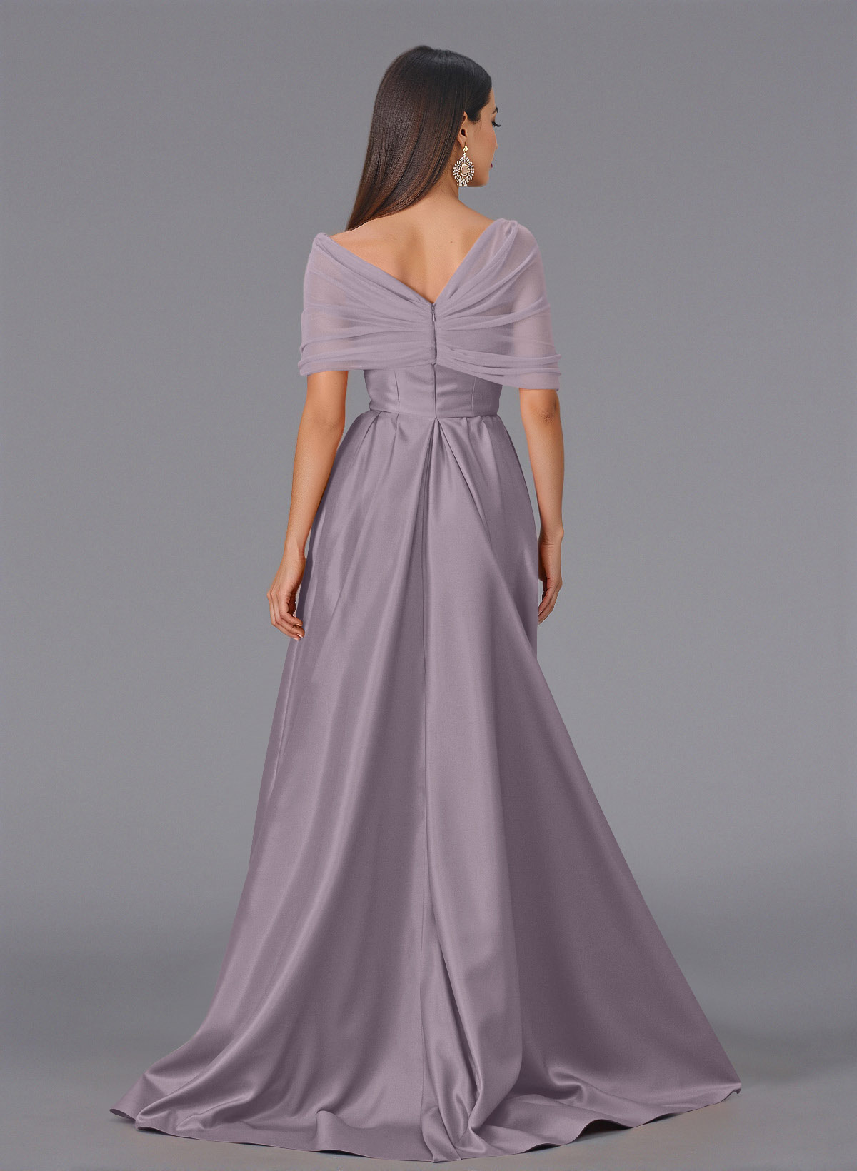Elegant Tulle Asymmetrical Neckline Satin Bridesmaid Dresses With Split Front/Sweeping Side Drape, product image 84