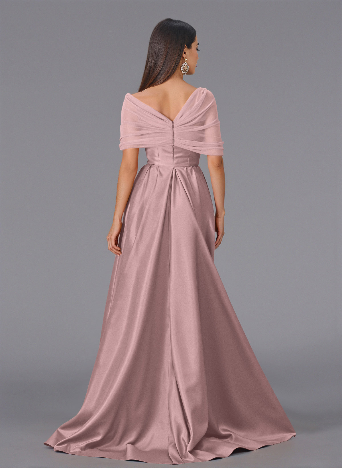 Elegant Tulle Asymmetrical Neckline Satin Bridesmaid Dresses With Split Front/Sweeping Side Drape, product image 98