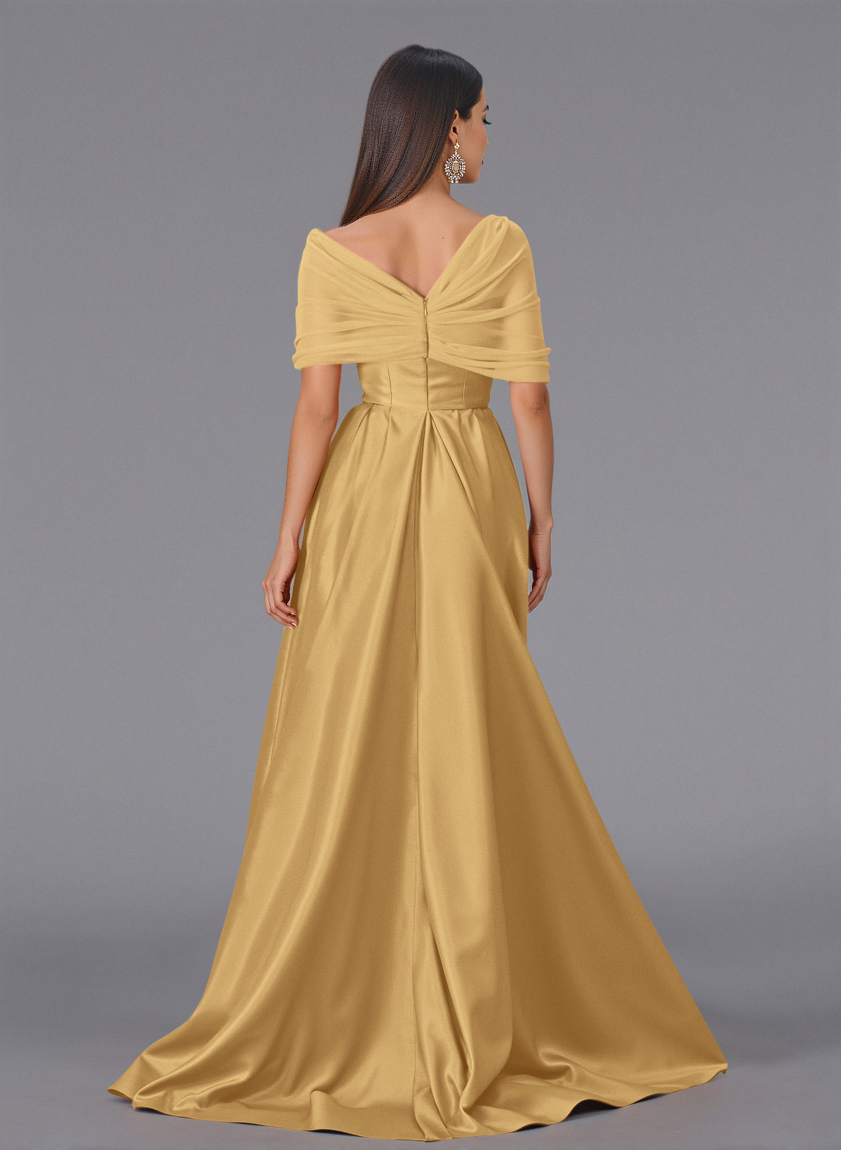 Elegant Tulle Asymmetrical Neckline Satin Bridesmaid Dresses With Split Front/Sweeping Side Drape, product image 40
