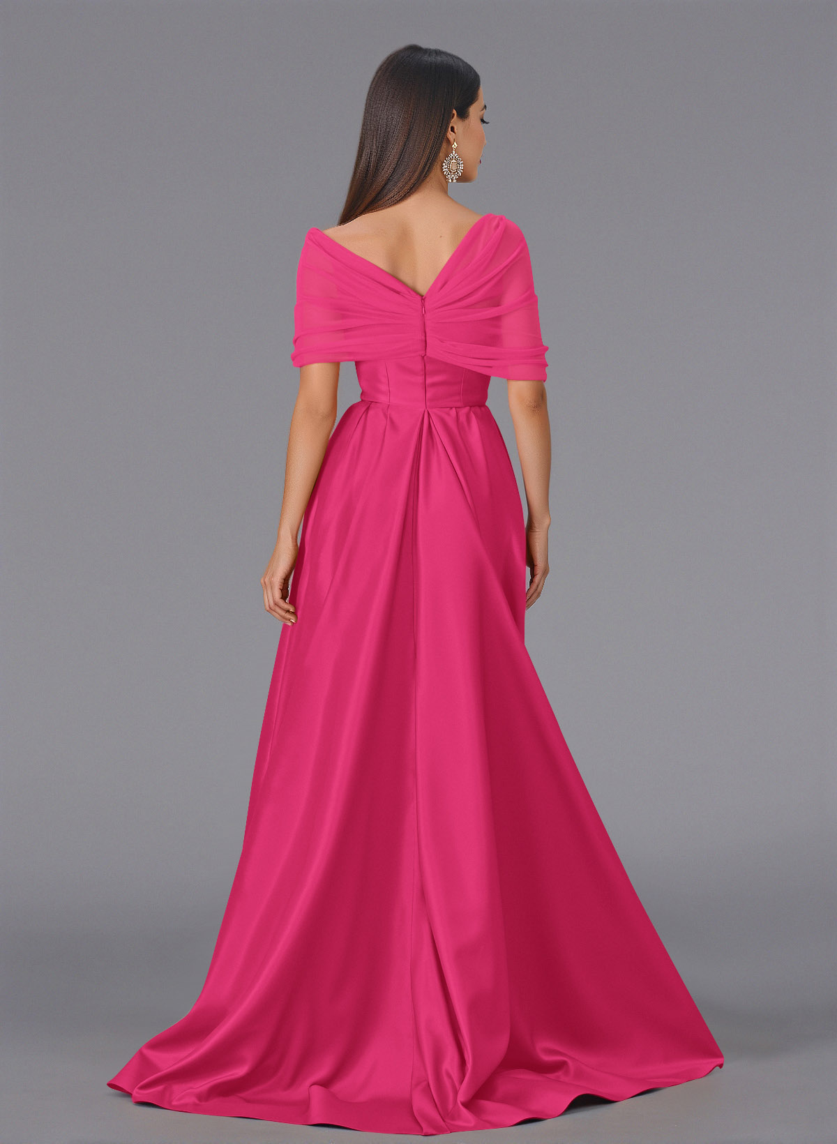 Elegant Tulle Asymmetrical Neckline Satin Bridesmaid Dresses With Split Front/Sweeping Side Drape, product image 22