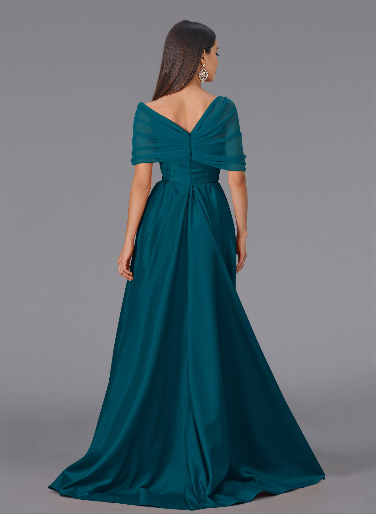 Elegant Tulle Asymmetrical Neckline Satin Bridesmaid Dresses With Split Front/Sweeping Side Drape, product image 126