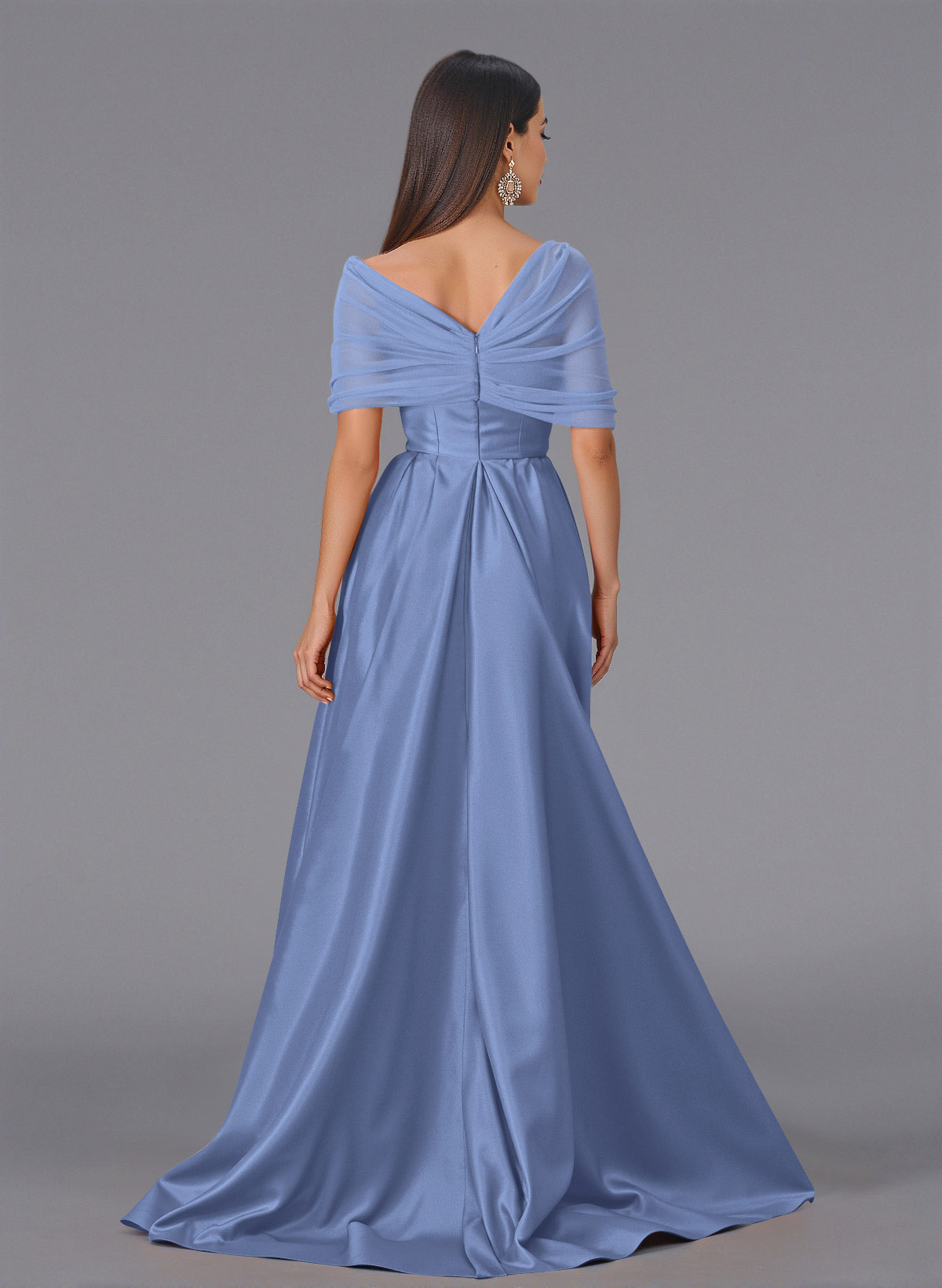 Elegant Tulle Asymmetrical Neckline Satin Bridesmaid Dresses With Split Front/Sweeping Side Drape, product image 118