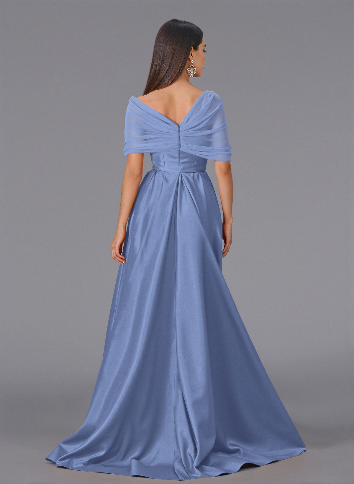 Elegant Tulle Asymmetrical Neckline Satin Bridesmaid Dresses With Split Front/Sweeping Side Drape, product image 118