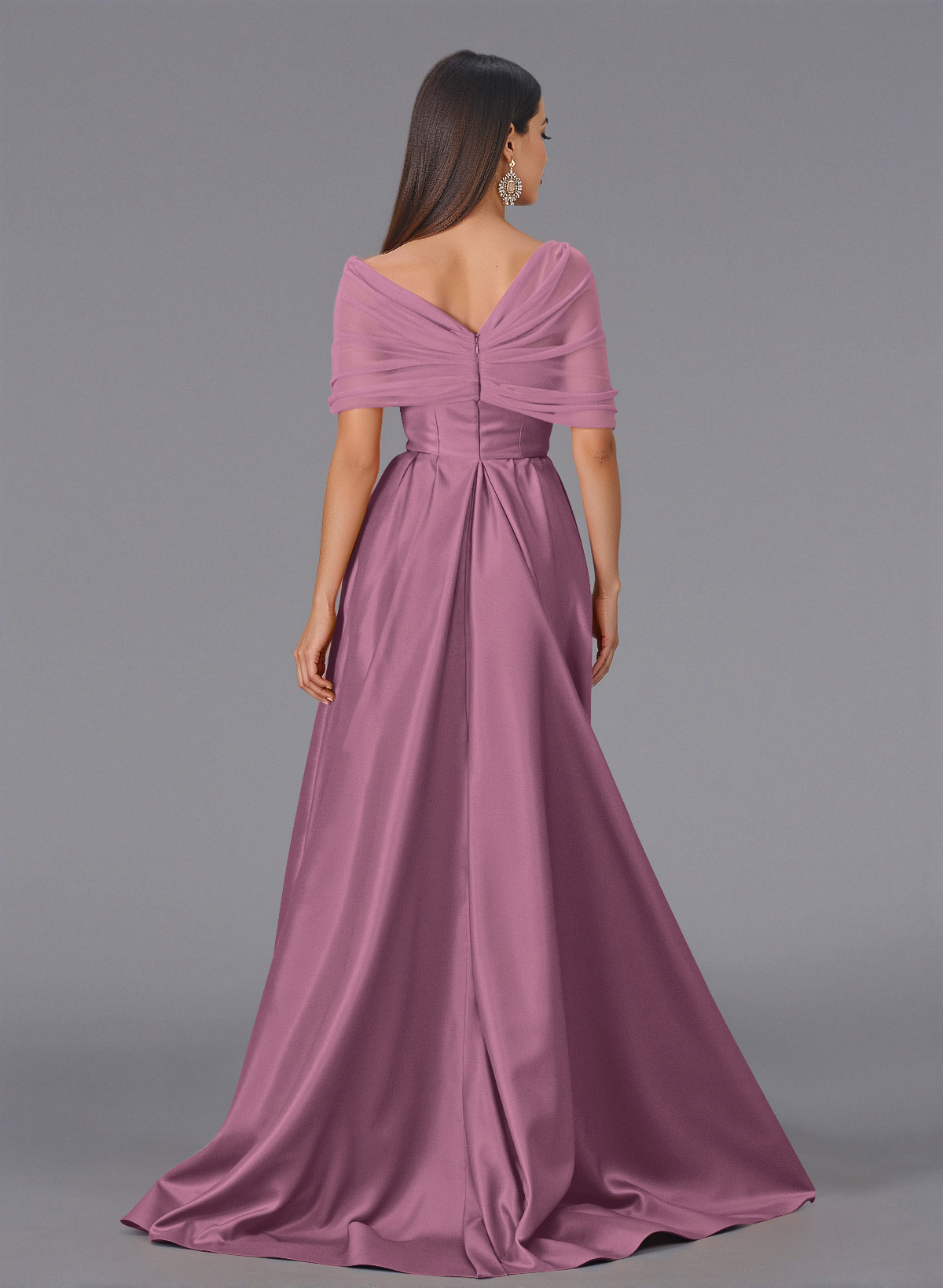 Elegant Tulle Asymmetrical Neckline Satin Bridesmaid Dresses With Split Front/Sweeping Side Drape, product image 78