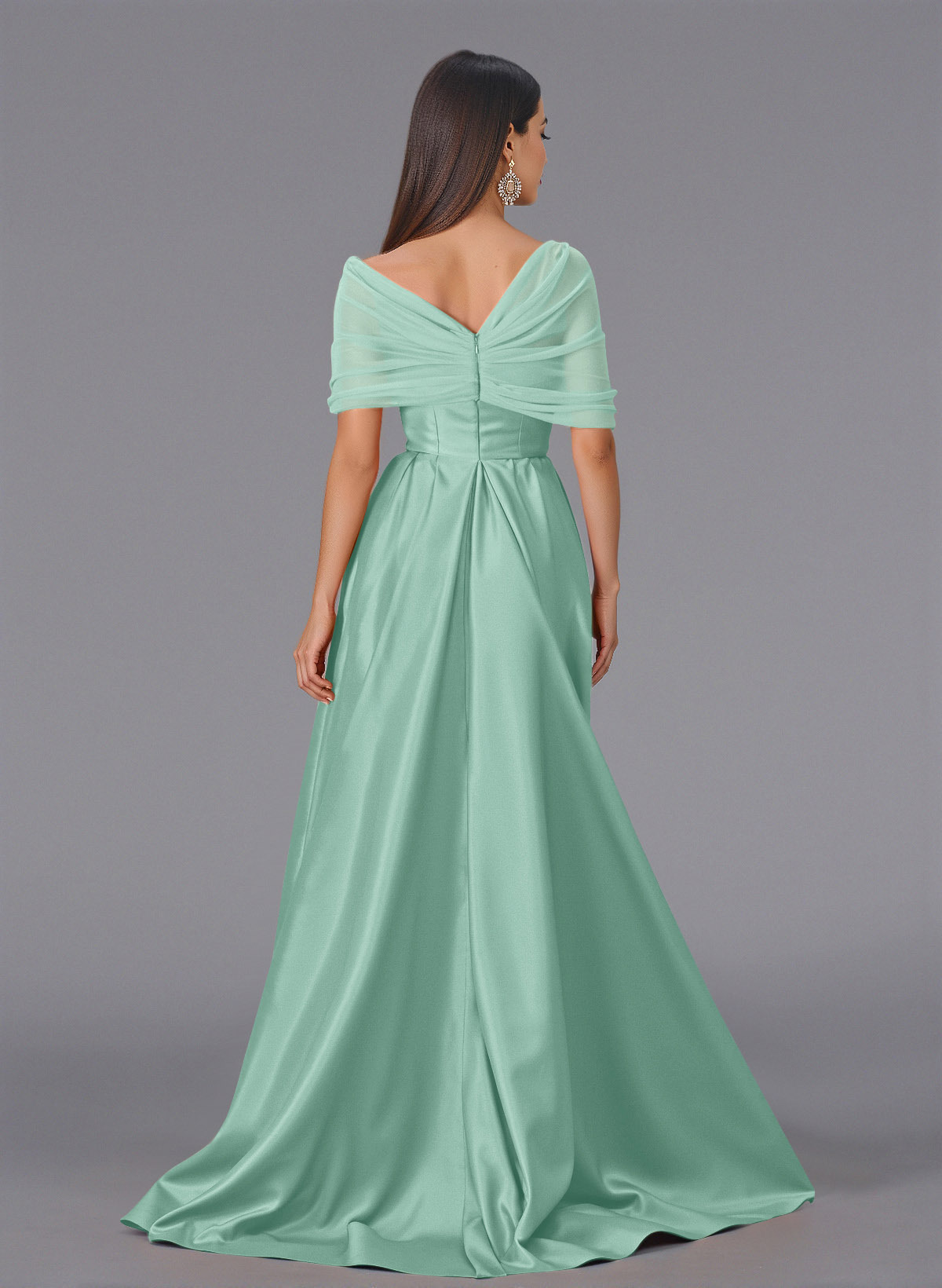 Elegant Tulle Asymmetrical Neckline Satin Bridesmaid Dresses With Split Front/Sweeping Side Drape, product image 50