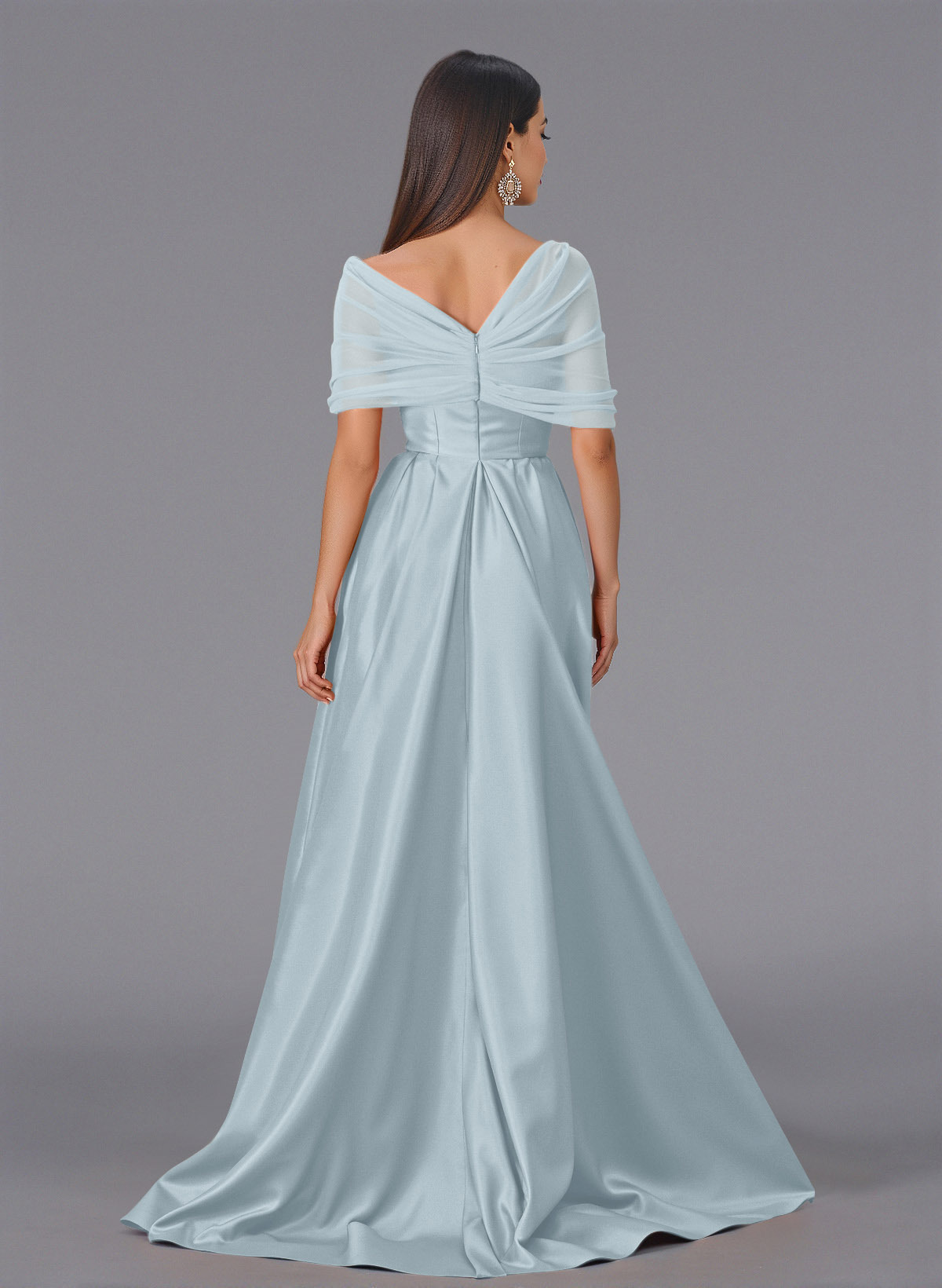 Elegant Tulle Asymmetrical Neckline Satin Bridesmaid Dresses With Split Front/Sweeping Side Drape, product image 114