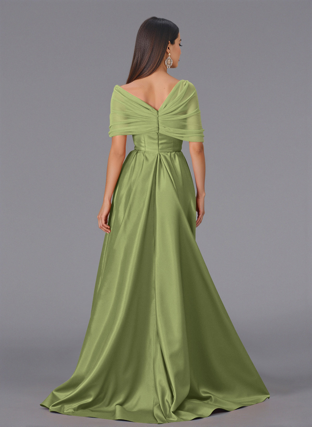 Elegant Tulle Asymmetrical Neckline Satin Bridesmaid Dresses With Split Front/Sweeping Side Drape, product image 8