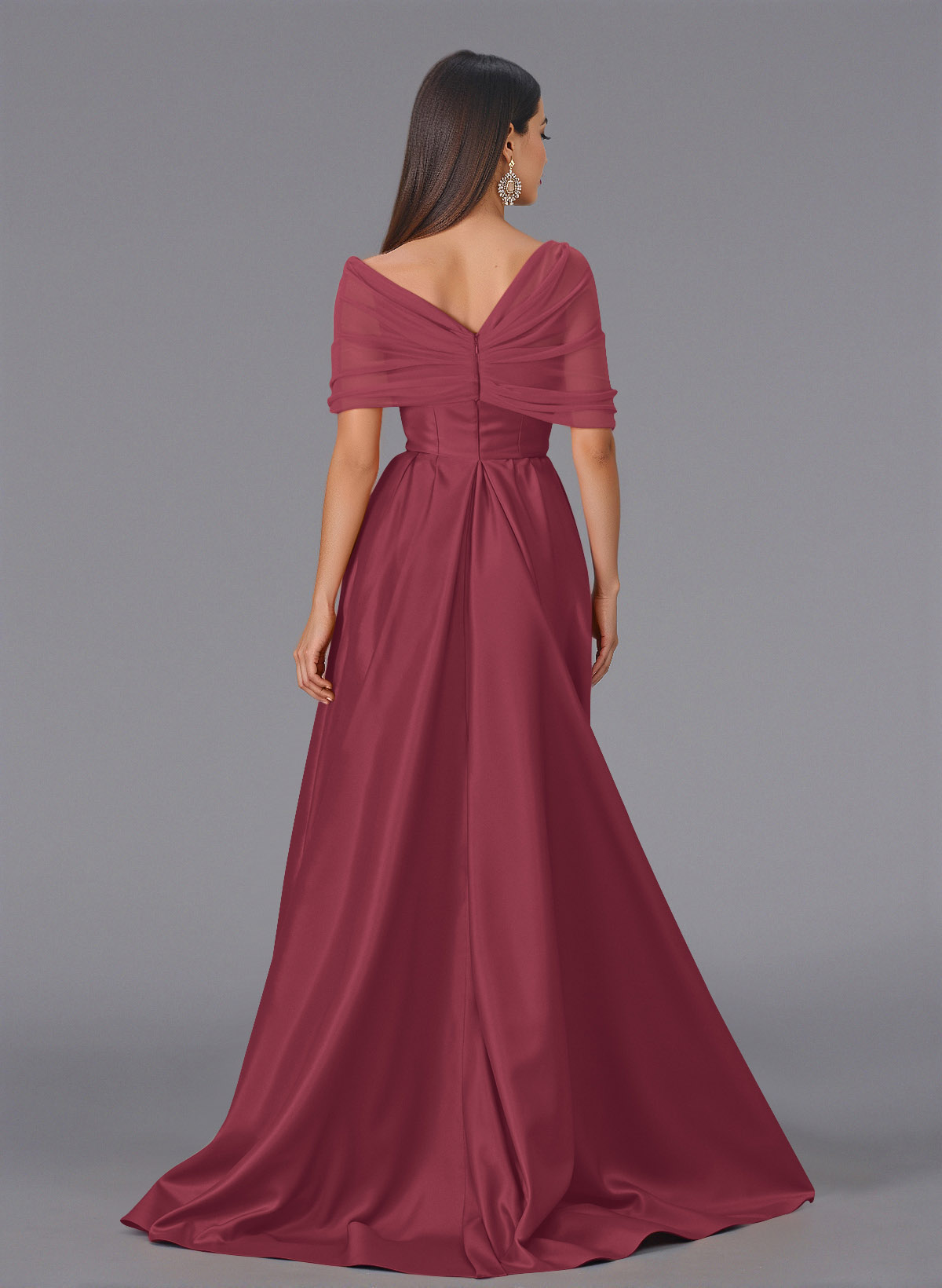 Elegant Tulle Asymmetrical Neckline Satin Bridesmaid Dresses With Split Front/Sweeping Side Drape, product image 106
