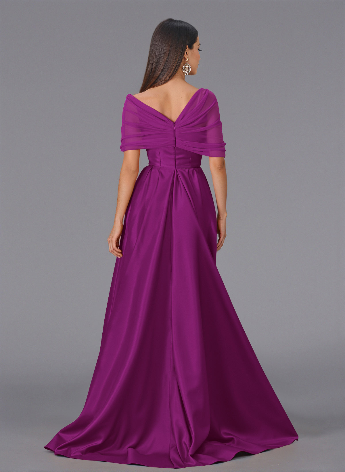 Elegant Tulle Asymmetrical Neckline Satin Bridesmaid Dresses With Split Front/Sweeping Side Drape, product image 68