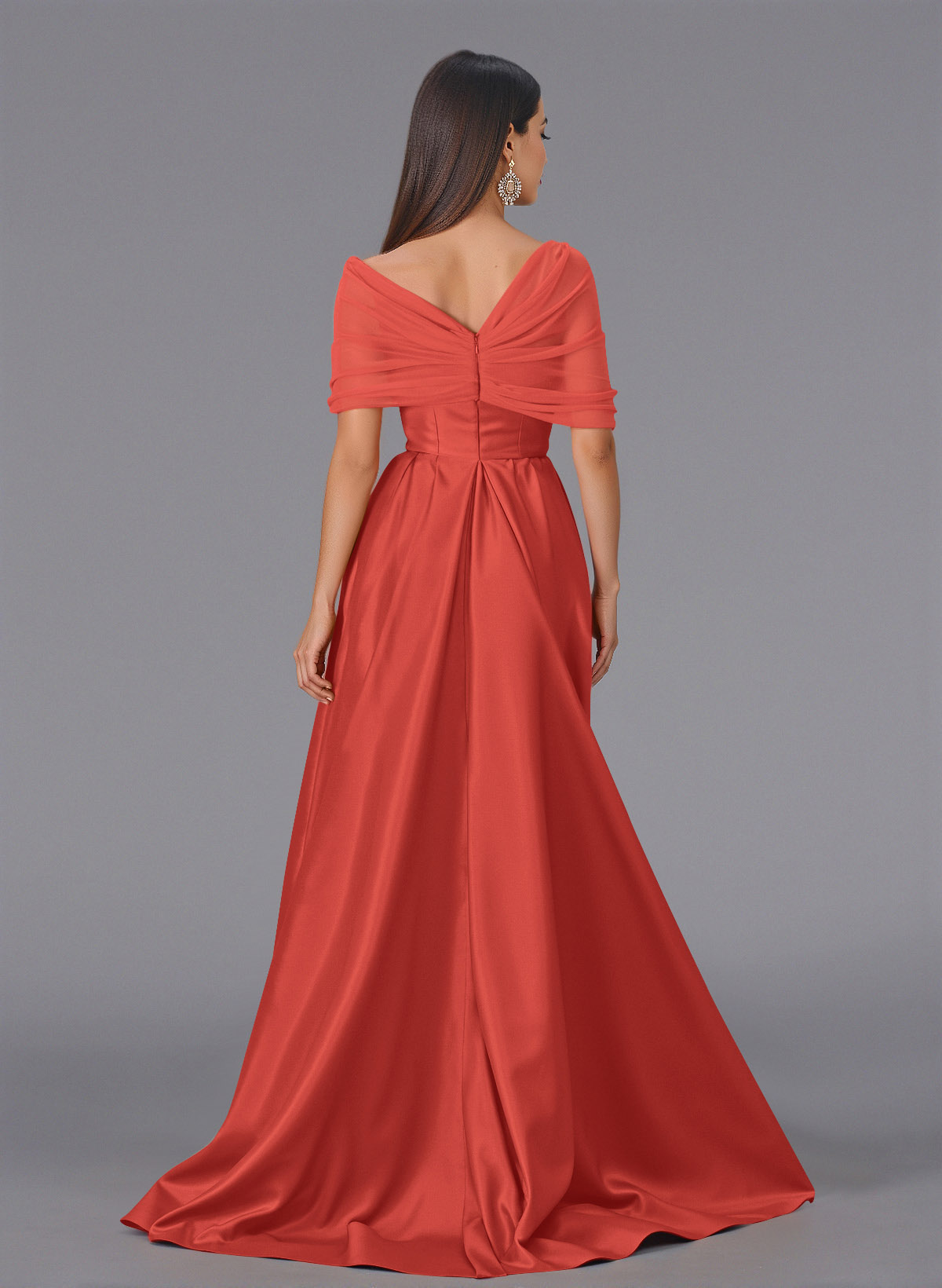 Elegant Tulle Asymmetrical Neckline Satin Bridesmaid Dresses With Split Front/Sweeping Side Drape, product image 36