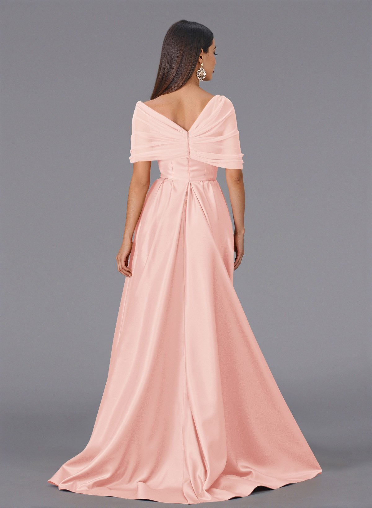 Elegant Tulle Asymmetrical Neckline Satin Bridesmaid Dresses With Split Front/Sweeping Side Drape, product image 96