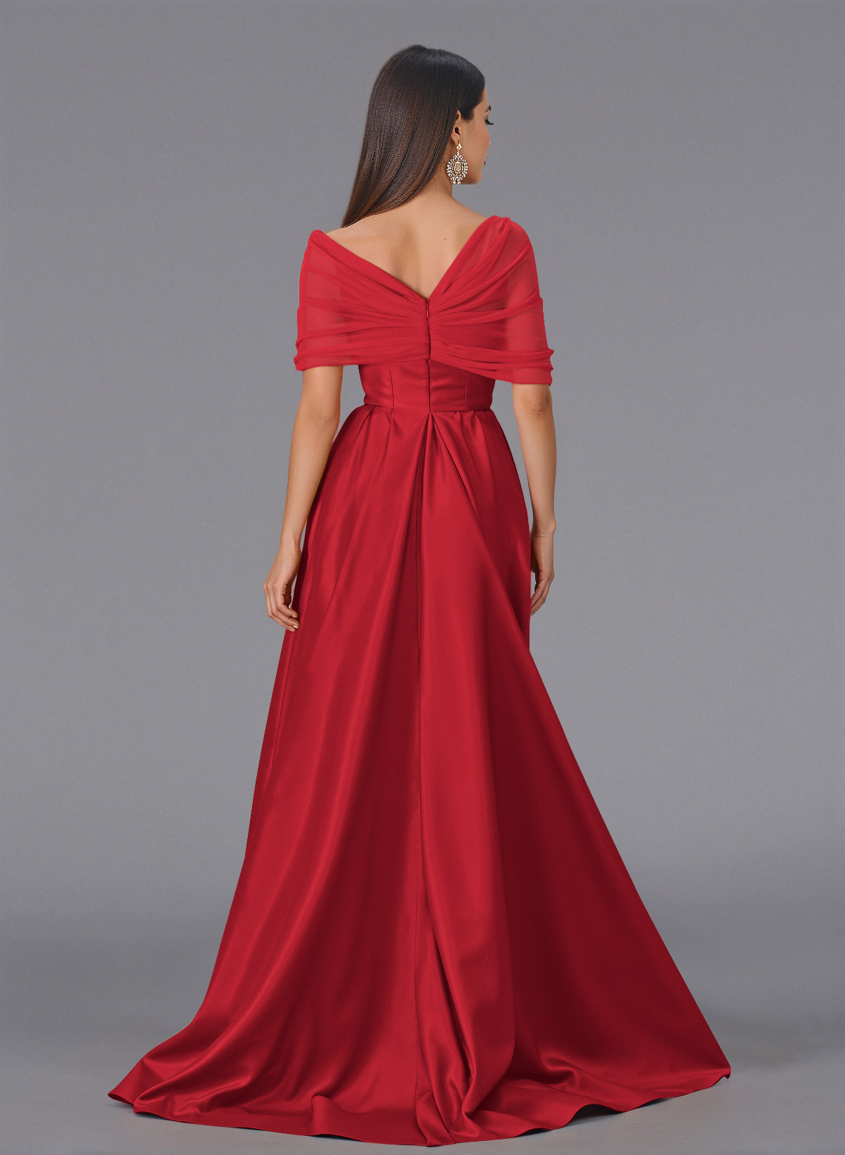 Elegant Tulle Asymmetrical Neckline Satin Bridesmaid Dresses With Split Front/Sweeping Side Drape, product image 104