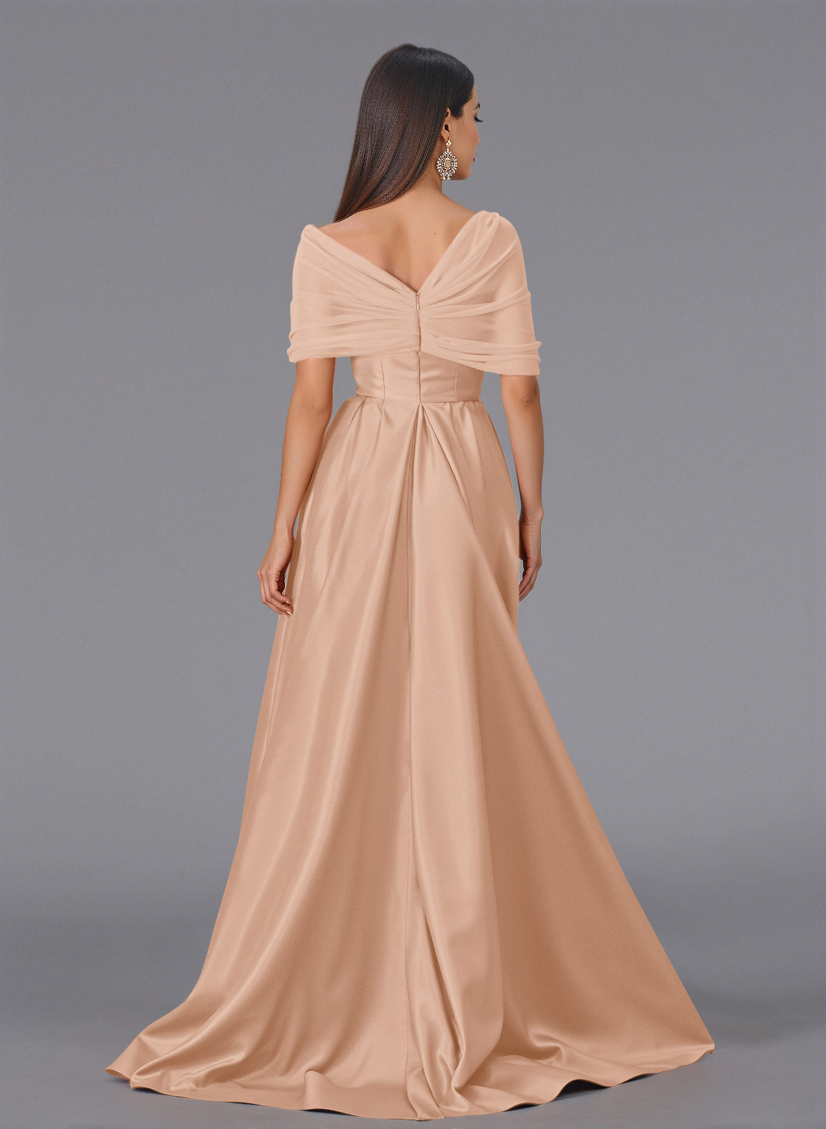 Elegant Tulle Asymmetrical Neckline Satin Bridesmaid Dresses With Split Front/Sweeping Side Drape, product image 12