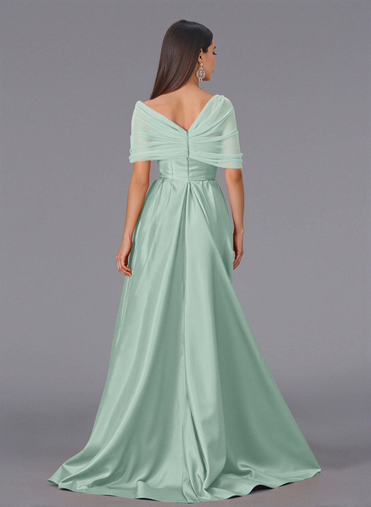 Elegant Tulle Asymmetrical Neckline Satin Bridesmaid Dresses With Split Front/Sweeping Side Drape, product image 52