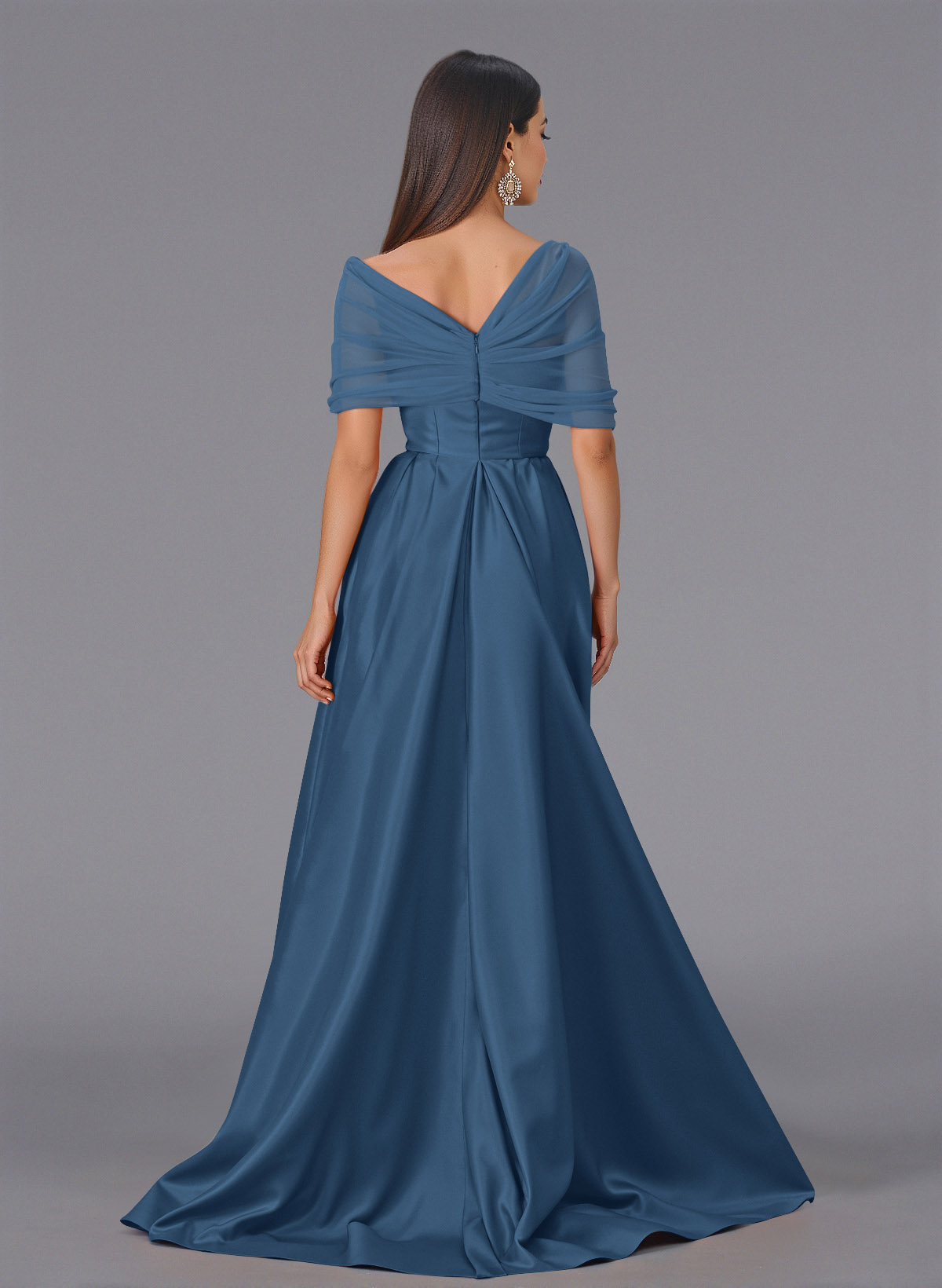 Elegant Tulle Asymmetrical Neckline Satin Bridesmaid Dresses With Split Front/Sweeping Side Drape, product image 130