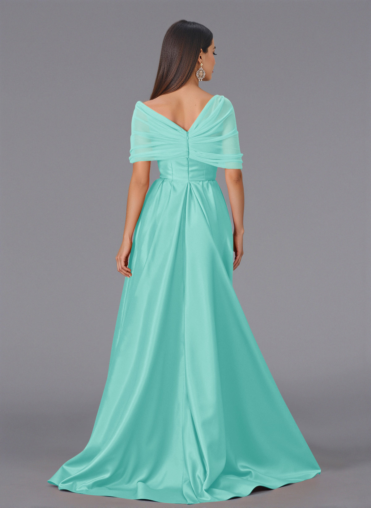 Elegant Tulle Asymmetrical Neckline Satin Bridesmaid Dresses With Split Front/Sweeping Side Drape, product image 48