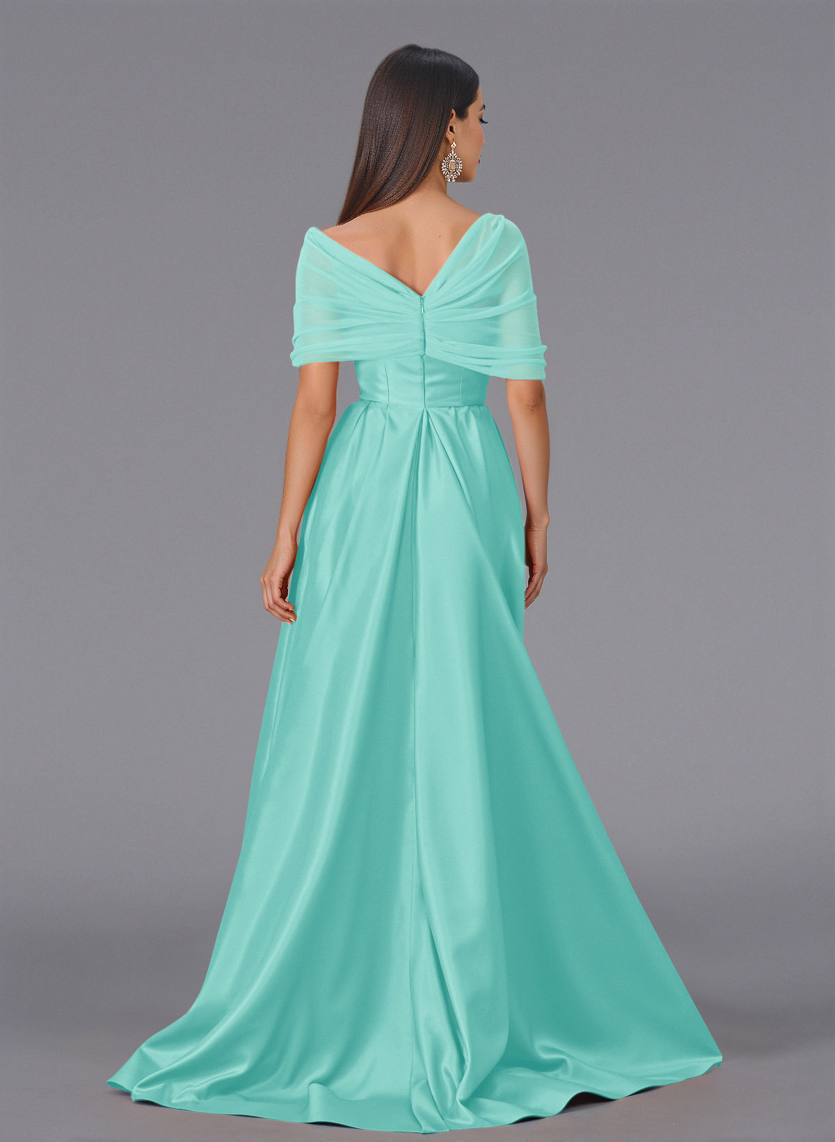 Elegant Tulle Asymmetrical Neckline Satin Bridesmaid Dresses With Split Front/Sweeping Side Drape, product image 48