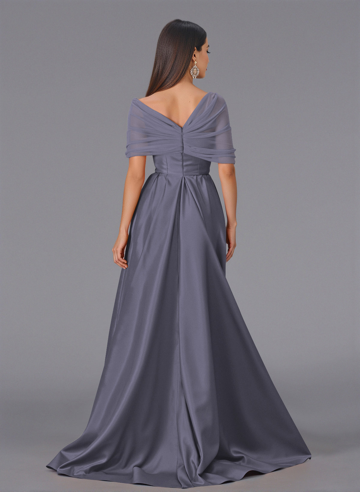 Elegant Tulle Asymmetrical Neckline Satin Bridesmaid Dresses With Split Front/Sweeping Side Drape, product image 128