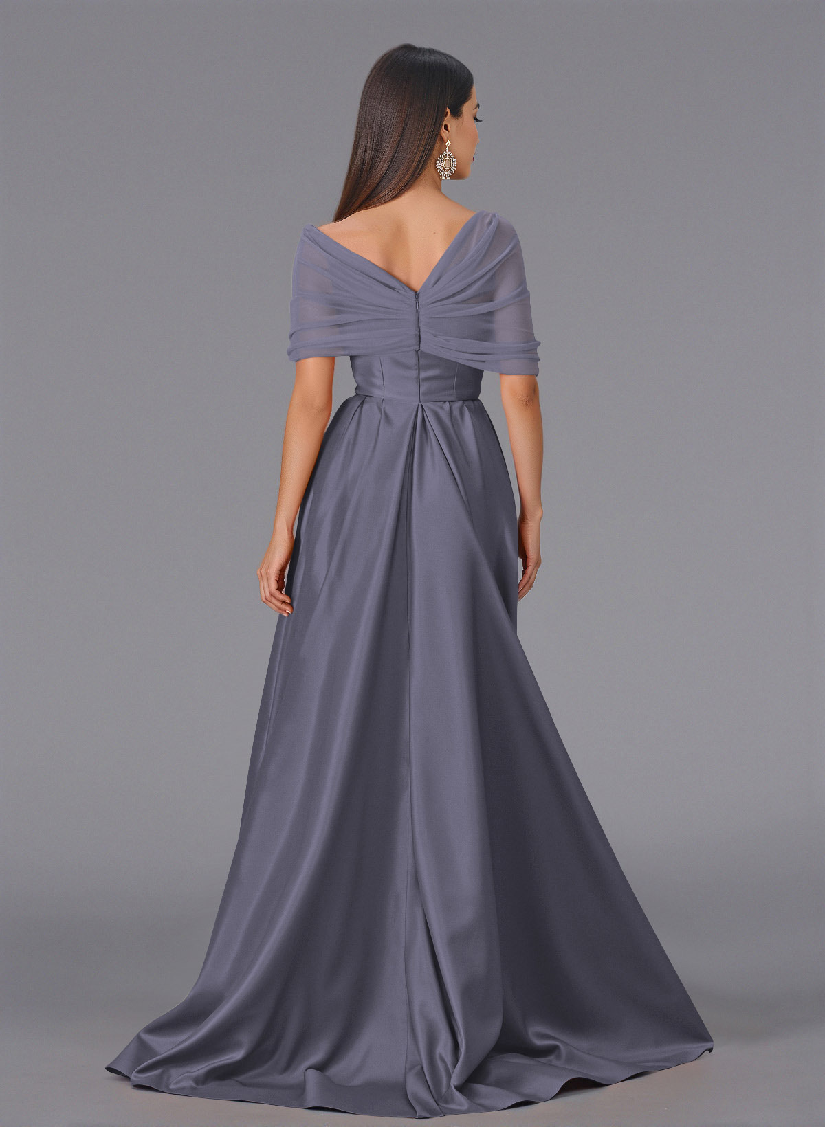 Elegant Tulle Asymmetrical Neckline Satin Bridesmaid Dresses With Split Front/Sweeping Side Drape, product image 128