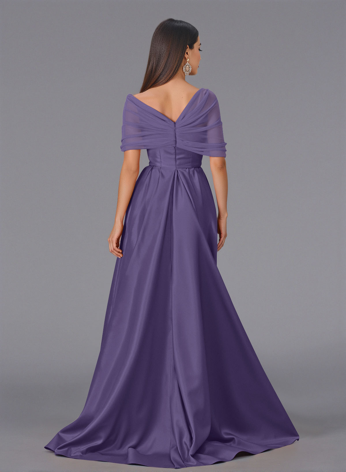 Elegant Tulle Asymmetrical Neckline Satin Bridesmaid Dresses With Split Front/Sweeping Side Drape, product image 72