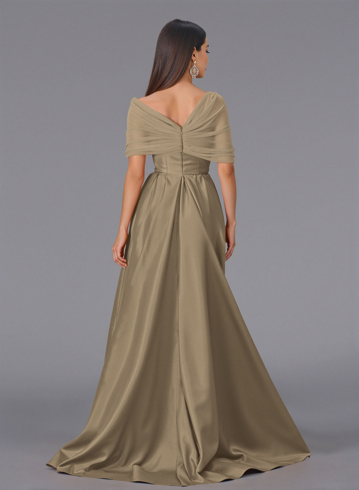 Elegant Tulle Asymmetrical Neckline Satin Bridesmaid Dresses With Split Front/Sweeping Side Drape, product image 44