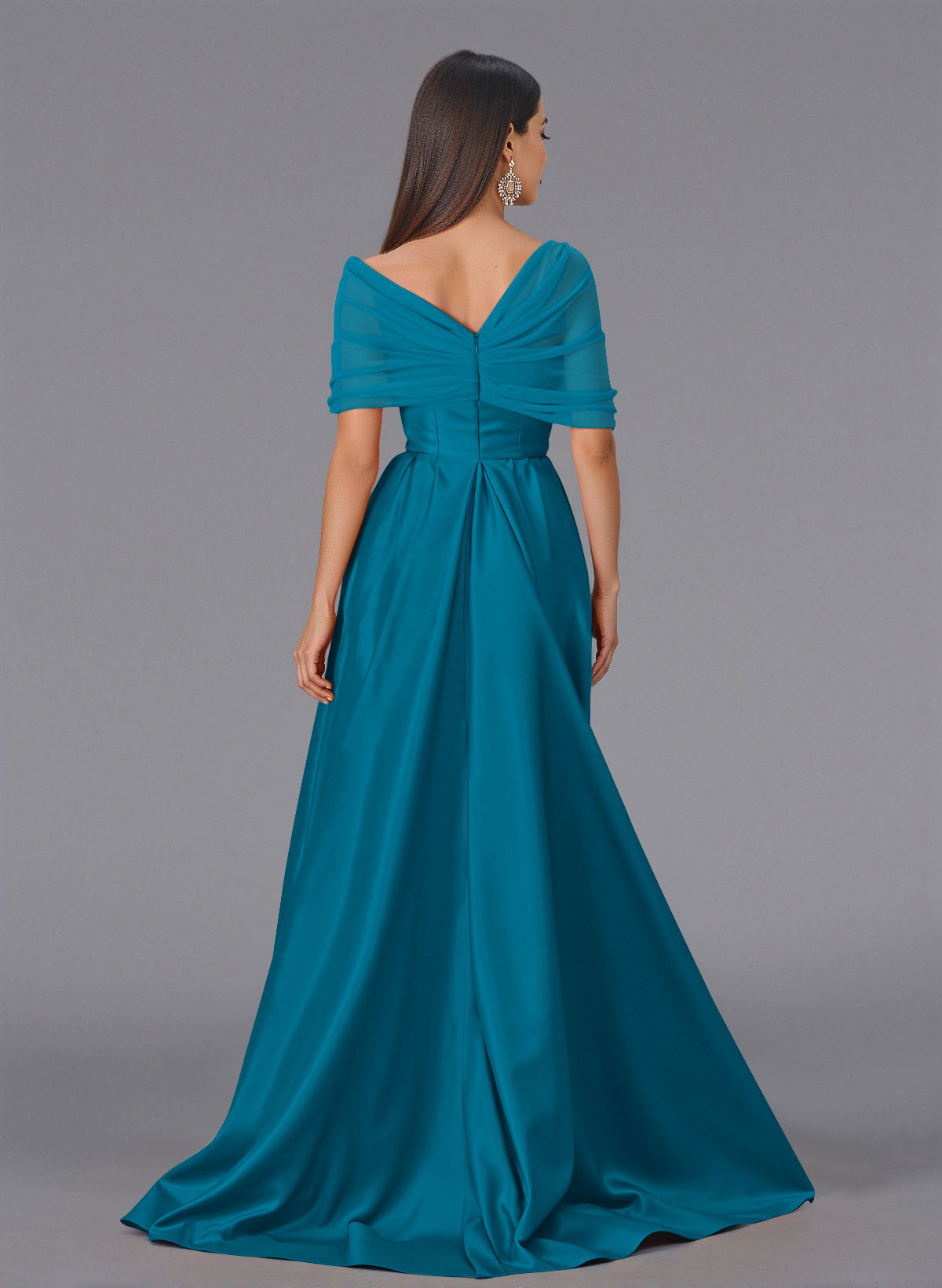 Elegant Tulle Asymmetrical Neckline Satin Bridesmaid Dresses With Split Front/Sweeping Side Drape, product image 4