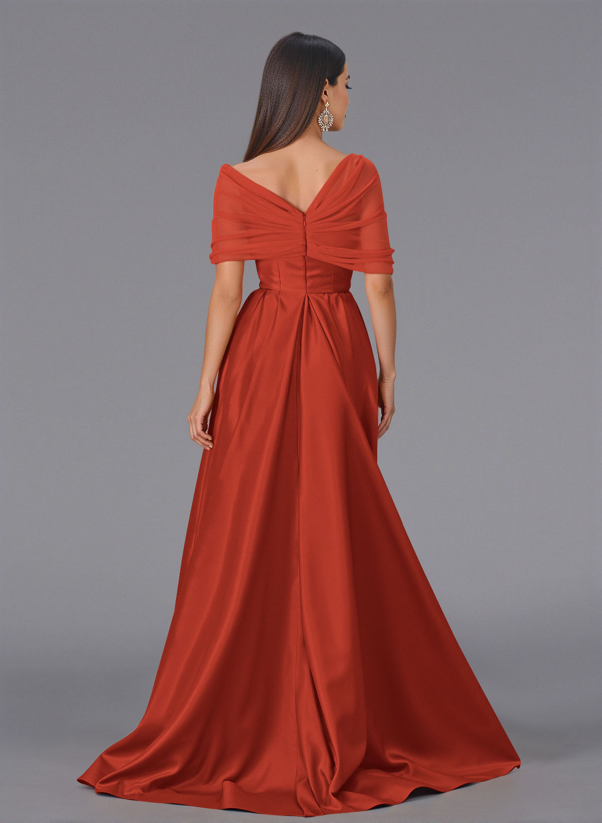 Elegant Tulle Asymmetrical Neckline Satin Bridesmaid Dresses With Split Front/Sweeping Side Drape, product image 102