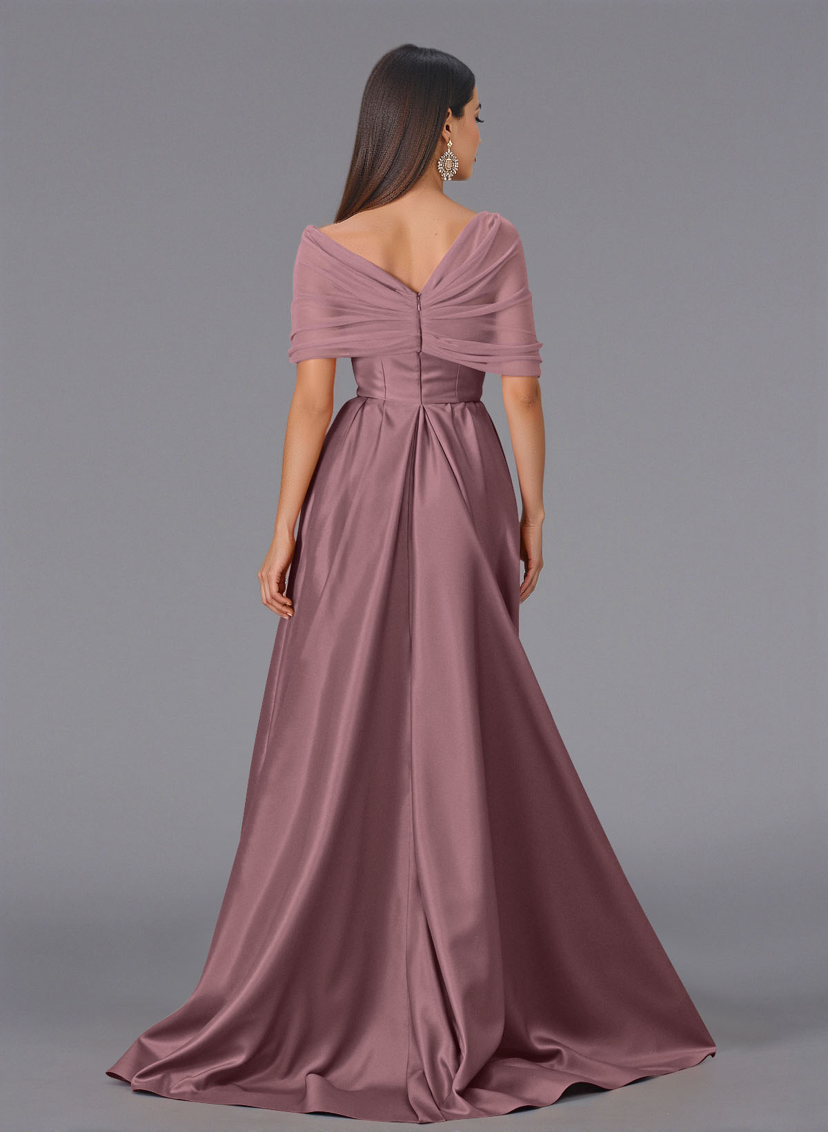Elegant Tulle Asymmetrical Neckline Satin Bridesmaid Dresses With Split Front/Sweeping Side Drape, product image 80