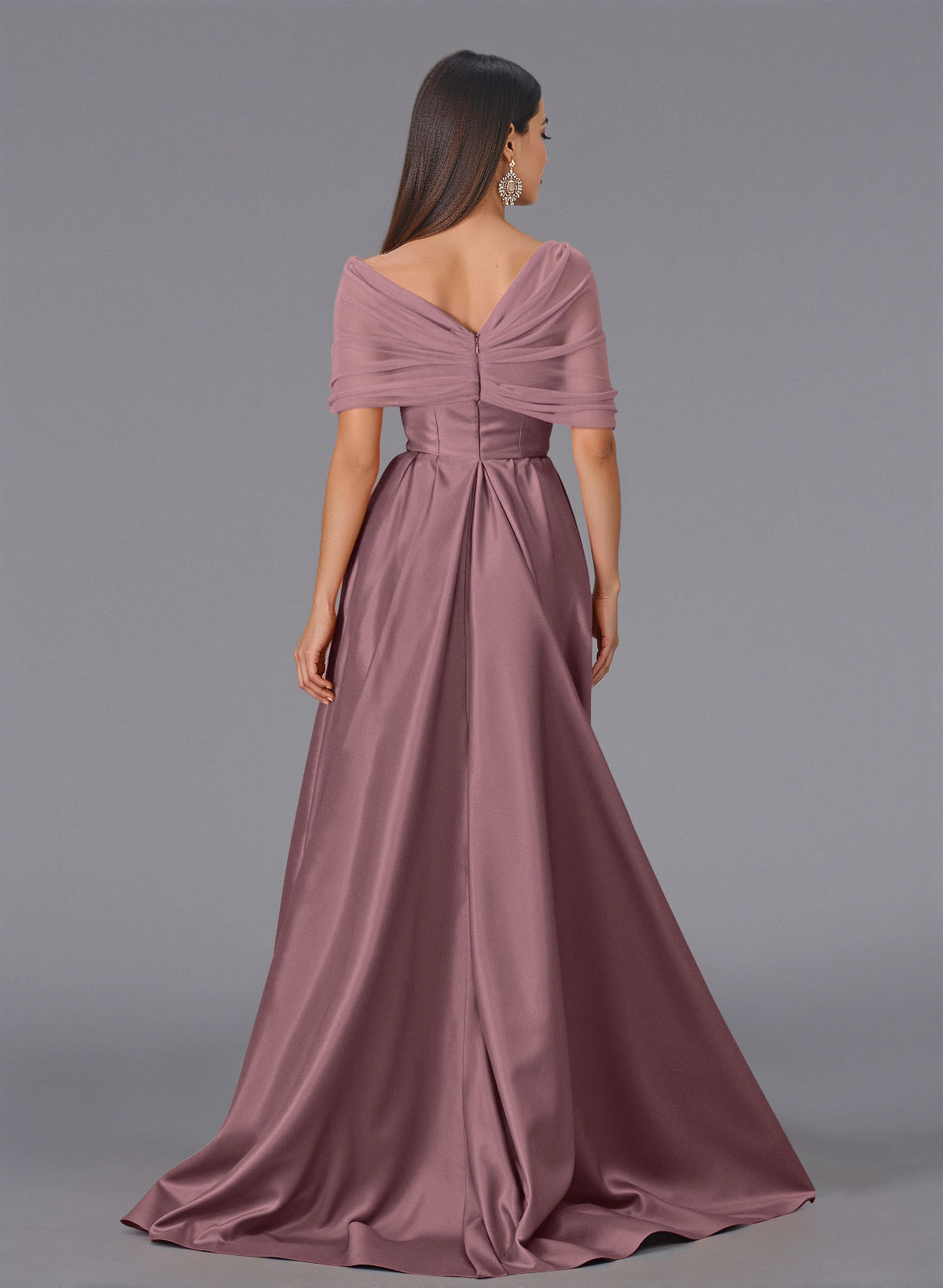 Elegant Tulle Asymmetrical Neckline Satin Bridesmaid Dresses With Split Front/Sweeping Side Drape, product image 80
